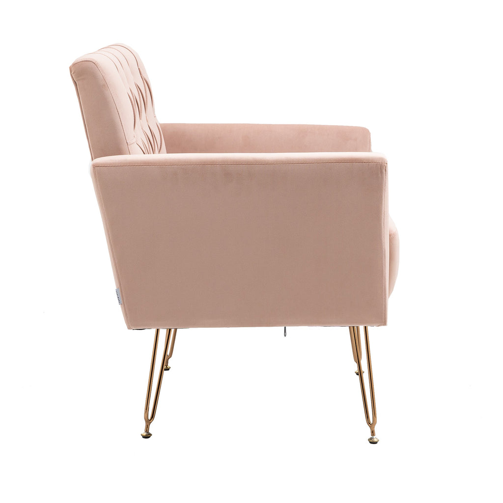 COOLMORE Velvet Armchair Single Sofa Modern Tufted Upholstered Side Reading Chairs with Arm and Gold Metal Leg for Living Room Bedroom (Pink)