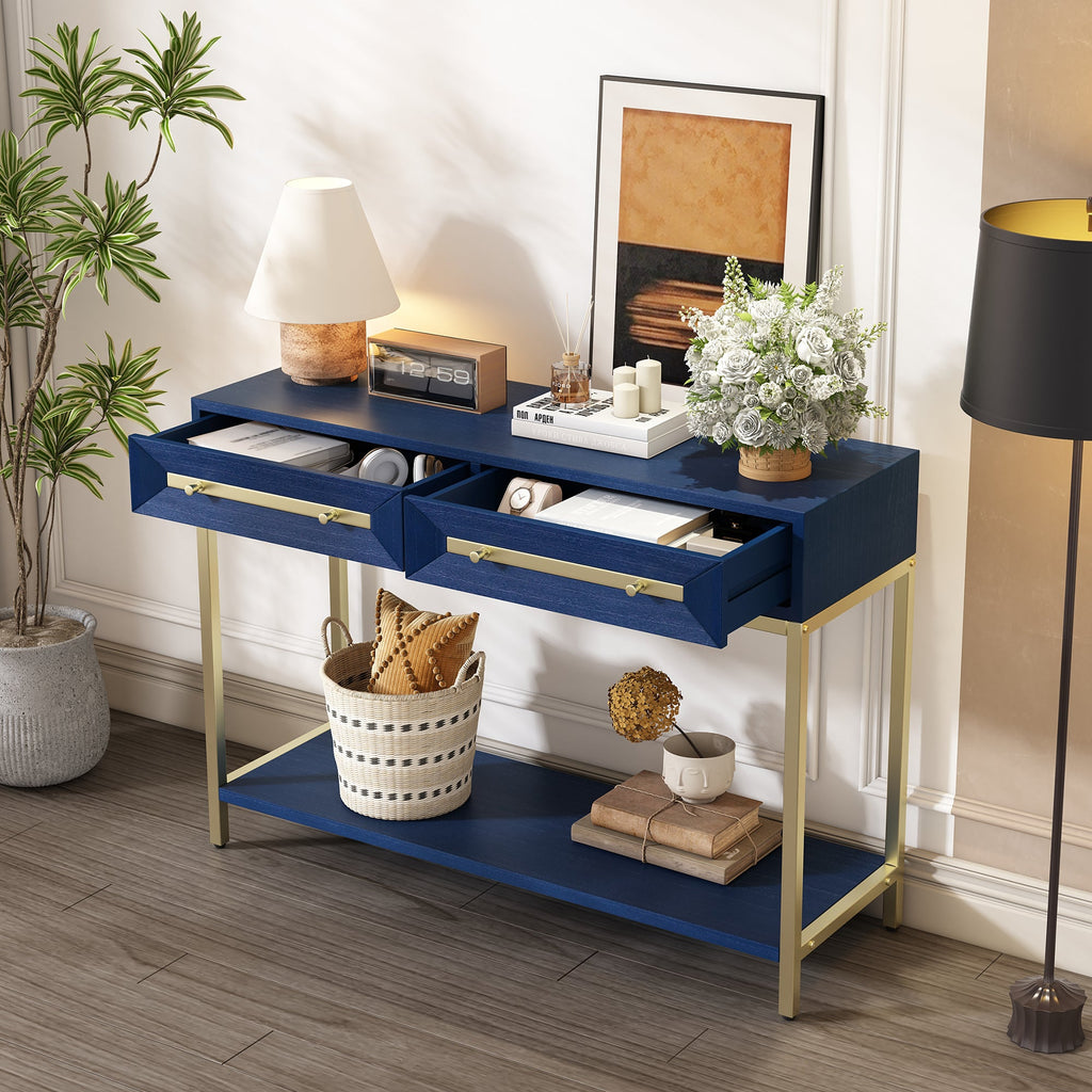 TREXM Entryway Table, Console Table with Two Drawers, Retro Hallway Table with Striking Geometric Design for Entryway and Living Room (Navy)