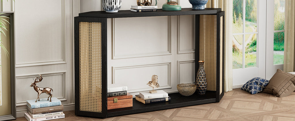 TREXM Narrow Console Table with Unique Irregular Top Design, Entryway Table with Open Shelf, Rattan Sofa Table for Living Room Hallway and Entrance (Black)