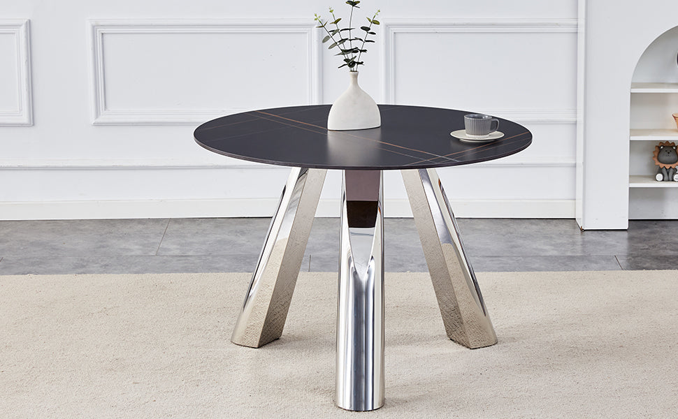 42' Luxury Sintered Stone Table: 0.45' Durable Top + 6' Steel Legs,350lb Capacity, Stain/Heat-Resistant Black Veined Surface - Modern Minimalist DesignW1512S00111