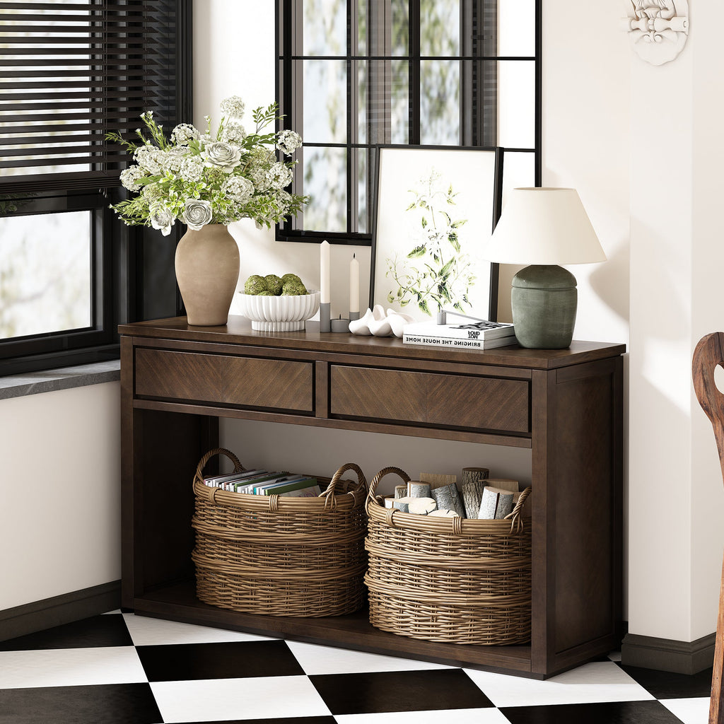TREXM 55' Console Table, Rustic Wooden Entryway Table with Storage Drawers and Open Shelf, Elegant Sofa Table for Hallway and Living Room (Brown)