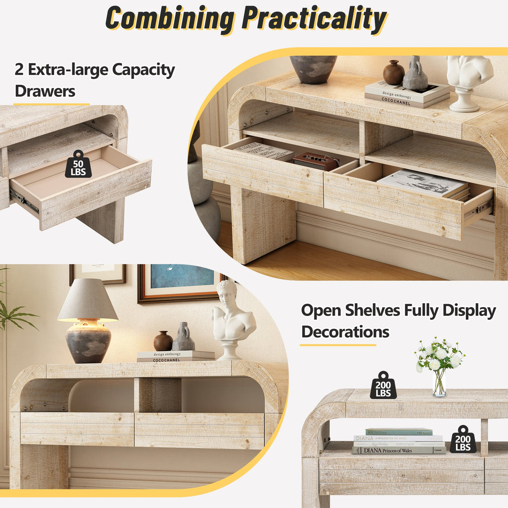 TREXM Console Table Entryway Table, Retro Curved Sofa Table with 2 Large Drawers, Narrow Console Table for Living Room Hallway Entrance, 52''×14''×31.5'', Natural Wood Wash