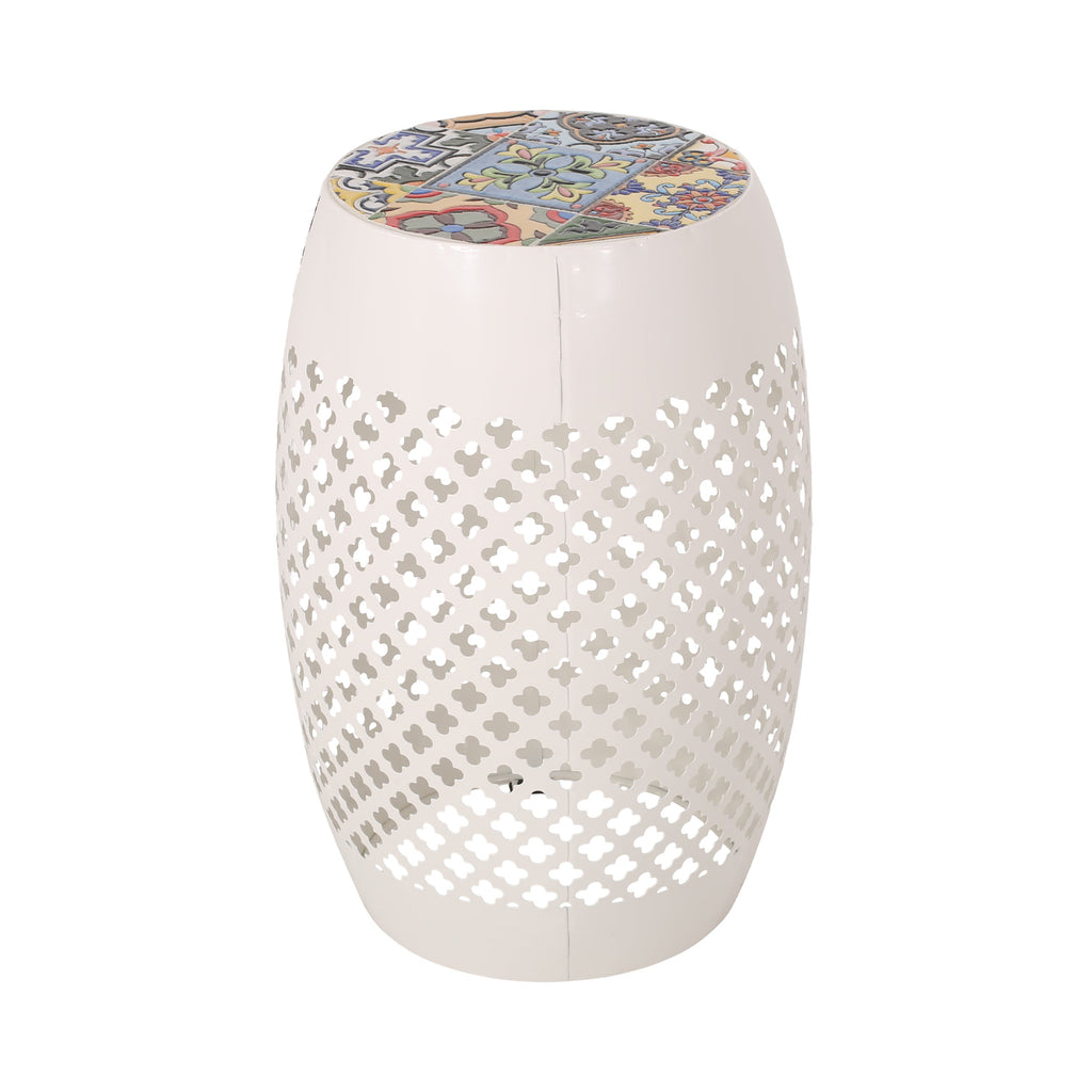 Transitional ROSWELL Side Table with Tile Mosaic Top and Lace Cut Metal Frame in White, Iron, 12.25x12.25x18 Inches