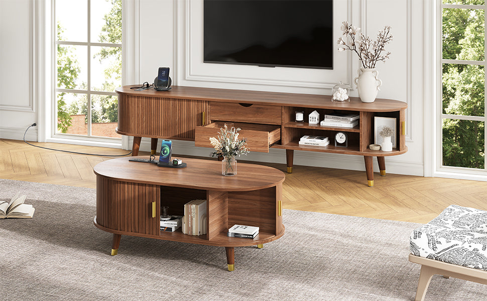 Wooden Farmhouse TV Stand & Coffee Table Set with Charging Station, Oval Fluted Media Console with Sliding Doors for TVs up to 80', Mid-Century Center Table with Solid Wood Legs for Living Room,Walnut