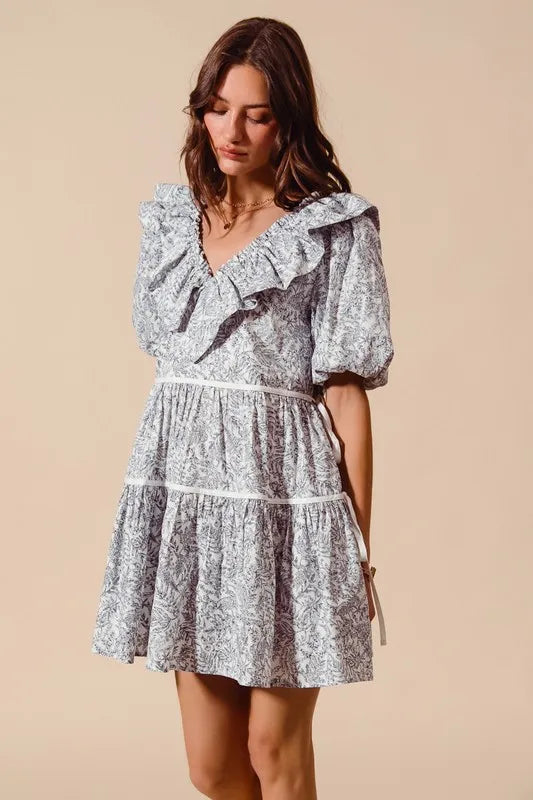 SO ME Cotton Printed Ruffle V Neckline Dress with Side Tie