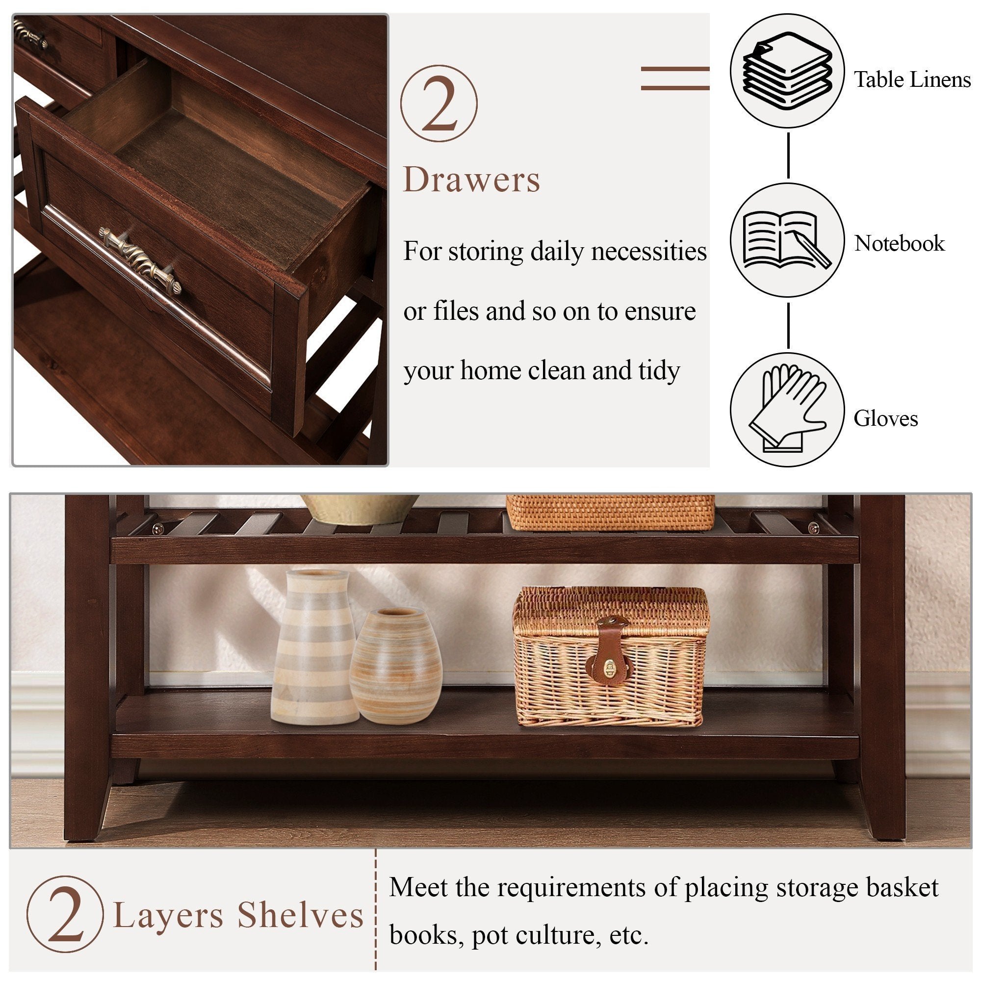 Console Sofa Table with 2 Storage Drawers and 2 Tiers Shelves, Mid-Century Style 42'' Solid Wood Buffet Sideboard for Living Room Furniture Kitchen Dining Room Entryway Hallway, Espresso