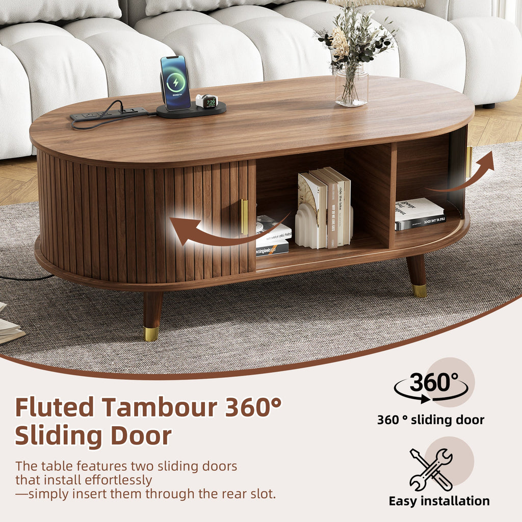 Wooden Farmhouse TV Stand & Coffee Table Set with Charging Station, Oval Fluted Media Console with Sliding Doors for TVs up to 80', Mid-Century Center Table with Solid Wood Legs for Living Room,Walnut