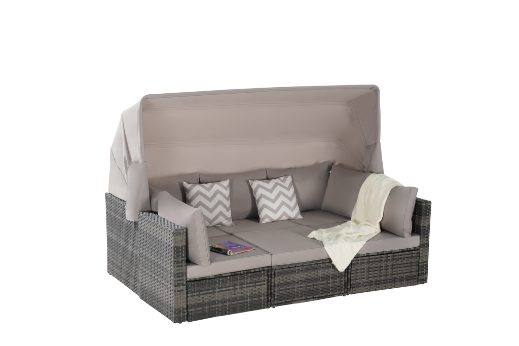 5 Pieces Outdoor Patio Wicker Daybed Furniture Set with Retractable Canopy, Storable Side Table, and Soft Cushions for Relaxing in Your Backyard or Porch