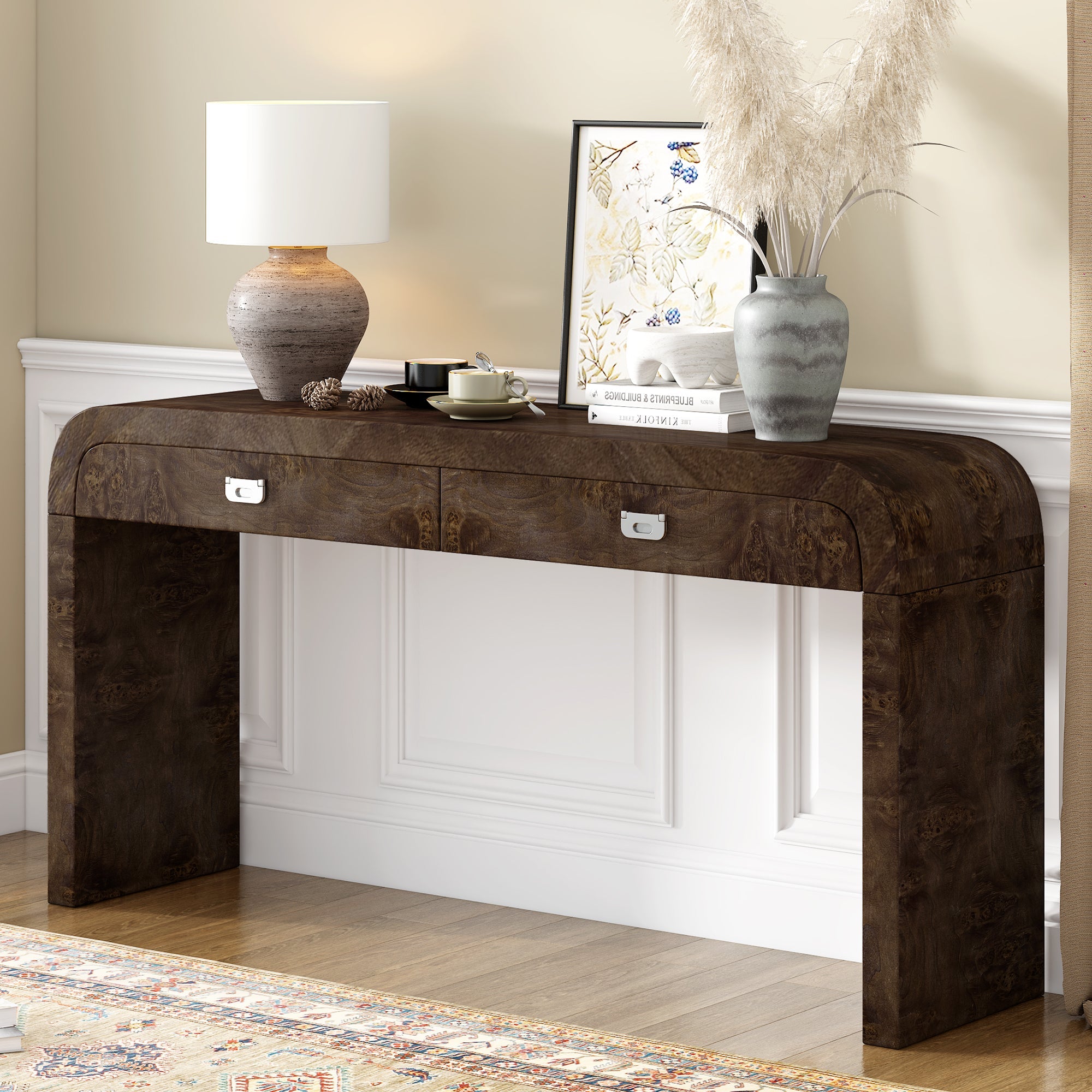 U_STYLE 60''Wooden Entryway Table with Burl Veneer, Console Table with 2 Large Drawers and Metal Handles,Multi-Functional Sofa Table with 2 Sturdy Legs,Suitable for Living Room, Foyer,Hallway, Office