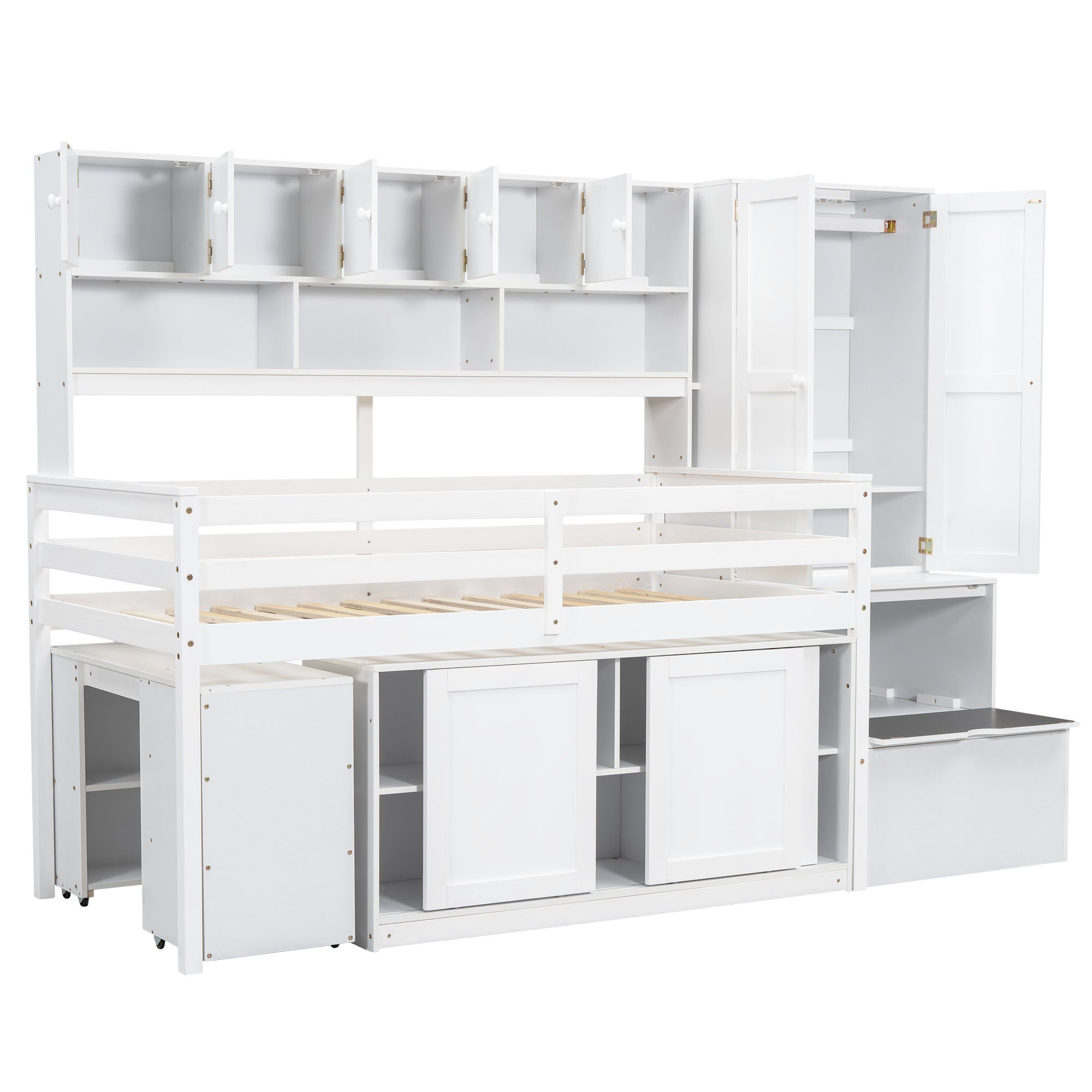 Twin Size Wooden Loft Bed Big Storage with Under-bed Desk, with Drawers, with Shelves, White
