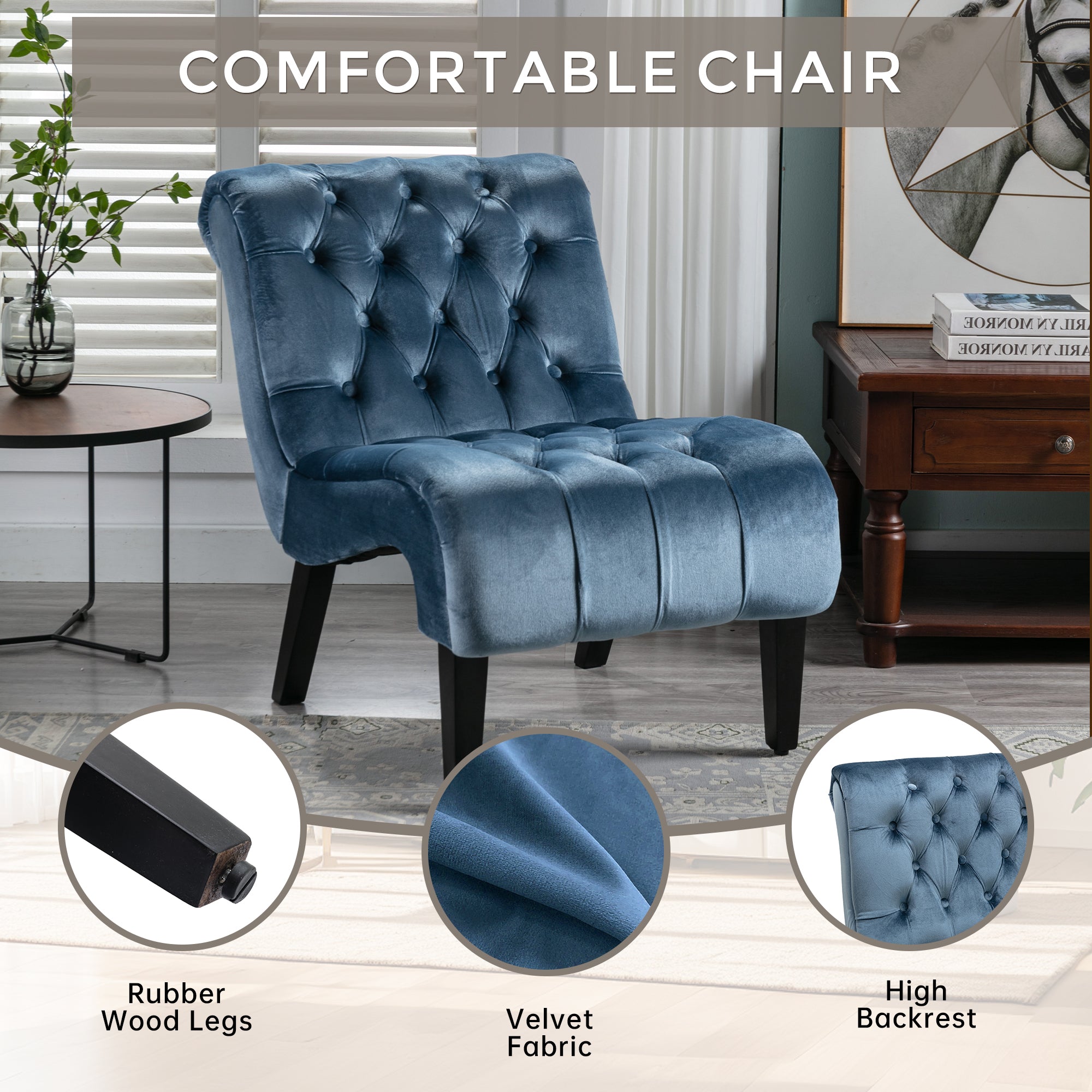 COOLMORE Modern Velvet Armless Accent Living Room Chair / Leisure Chair,Upholstered Fabric Button Comfortable Chair with Wooden Legs for Bedroom, Living Room, Office (Light Blue Velvet)