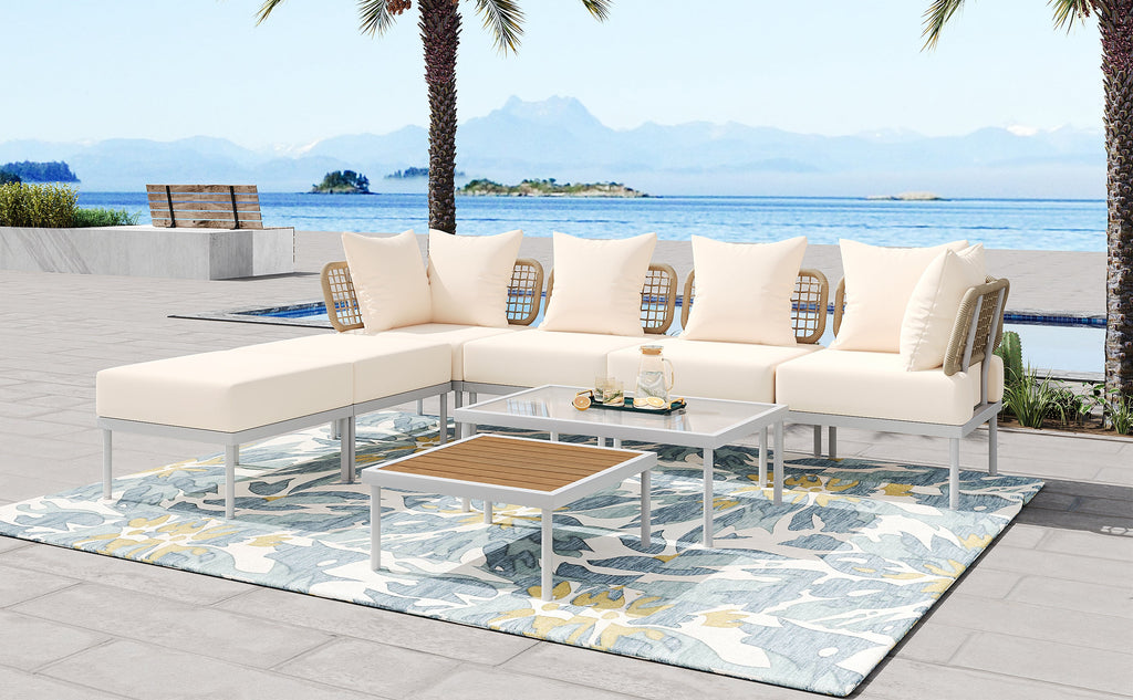TREXM 8-Piece Patio Sectional Sofa Set with Tempered Glass Coffee Table and Wooden Coffee Table for Outdoor Oasis, Garden, Patio and Poolside (Beige Cushion + White Steel)