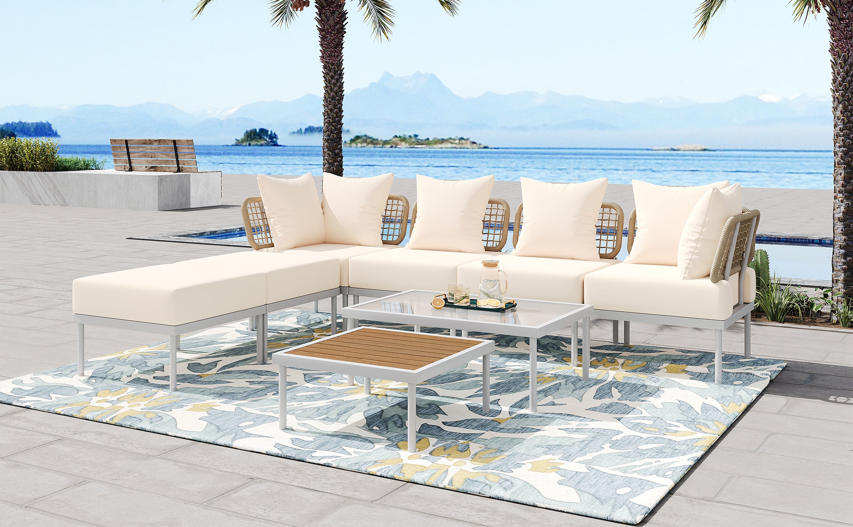 TREXM 8-Piece Patio Sectional Sofa Set with Tempered Glass Coffee Table and Wooden Coffee Table for Outdoor Oasis, Garden, Patio and Poolside (Beige Cushion + White Steel)