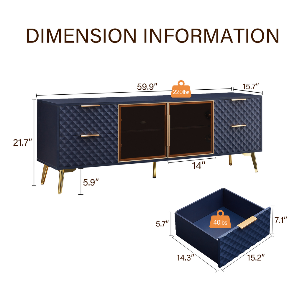 Deluxe Sculpted Modern Fashion Geometric Style TV Stand, Aluminum Frame Tempered Glass Door 4 Drawer Chest with Adjustable Metal Feet ,Dark Blue,59.9'L x 15.7'W x 21.7'H