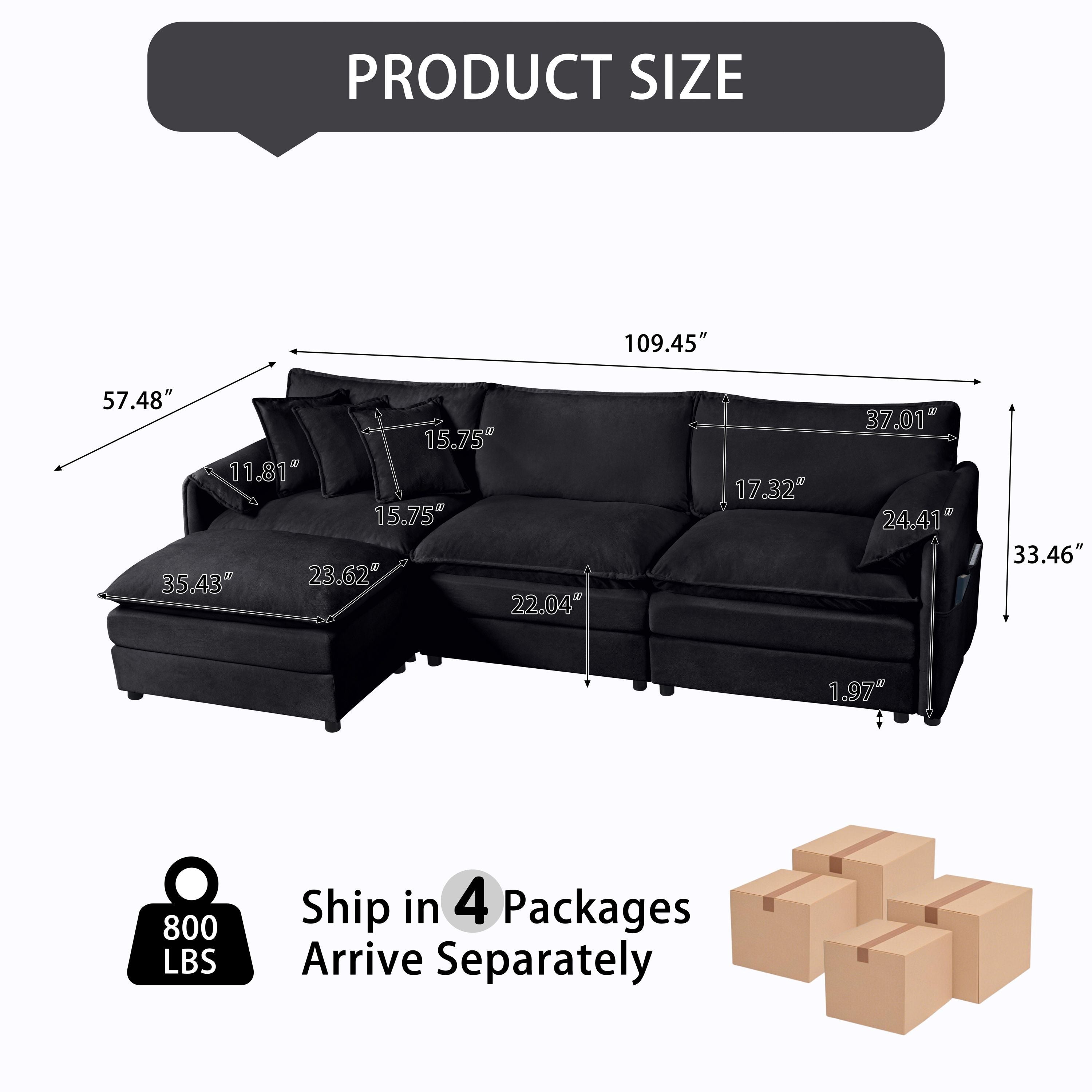 Modular Sectional Sofa, Oversized Deep Seat L Shaped Couch Set for Living Room, 3-Seater Comfy Cloud Couches with Movable Ottoman, DIY Combination, Chenille,Black