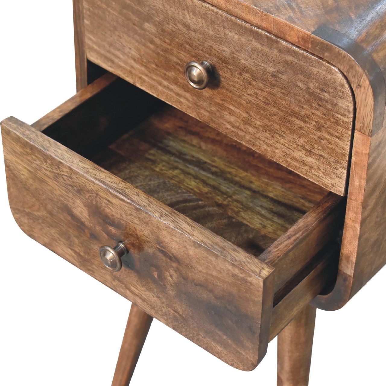 Solid Wood Mini Curved Grey Washed Nightstand, 2-Drawers, Nordic Legs, Brown