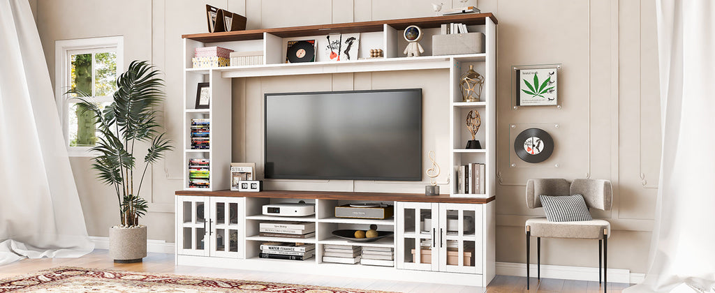 U-Can 95.5' W Wall Unit Entertainment Center with Bookshelves for TVs up to 80', Modern TV Stand Media Console with Cabinets, Tempered Glass Doors and Adjustable Shelves for Living Room
