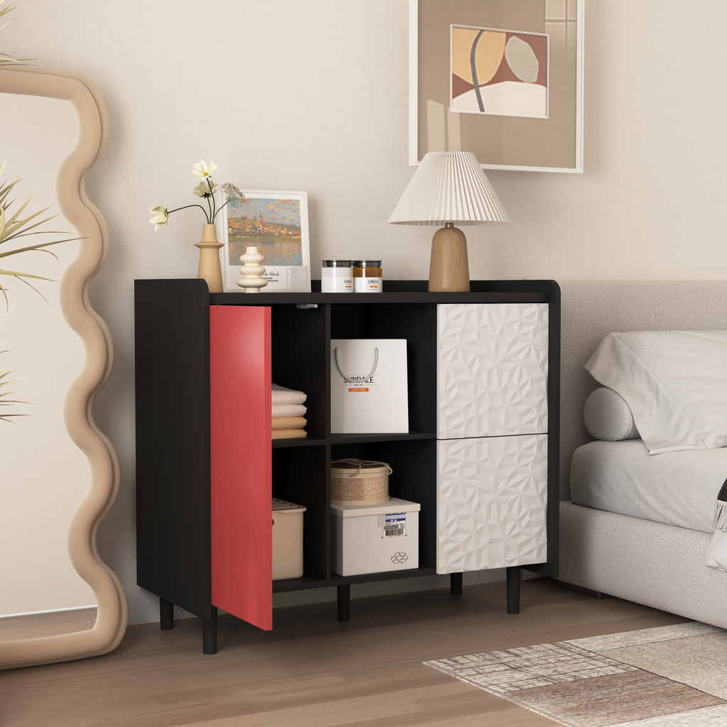 Sideboard Buffet Cabinet, Black Storage Cabinet with Red Doors , 2 Drawers with unique panel styling and 2 Open Storage Compartment, Modern Coffee Bar Cabinet Accent Cabinet for Kitchen, Dining Room,