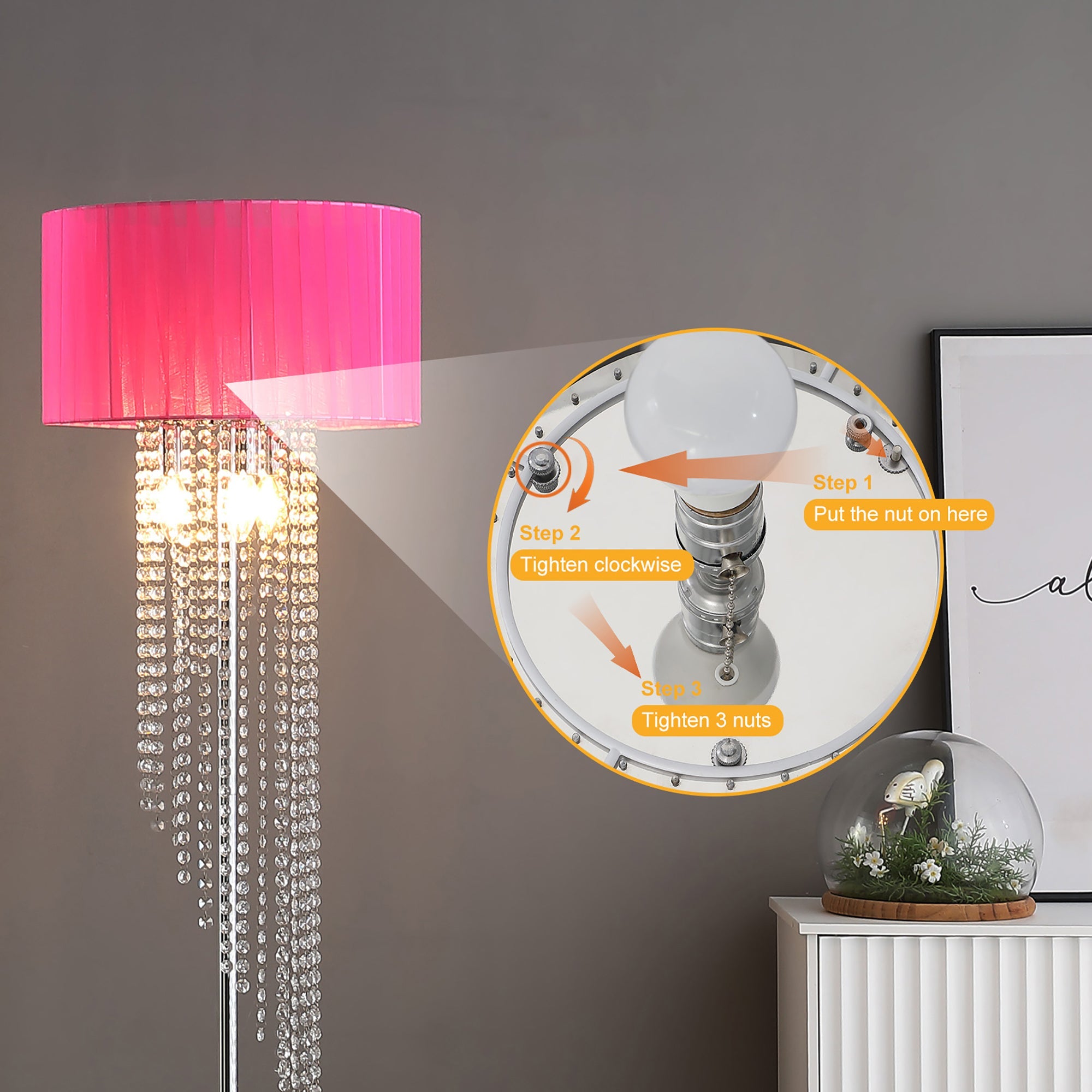 65.75'H Sheer Hot Pink Drum Shade Rain Crystal Chrome Metal Floor Lamp for Living Room, Standing Lamp for Bedroom
