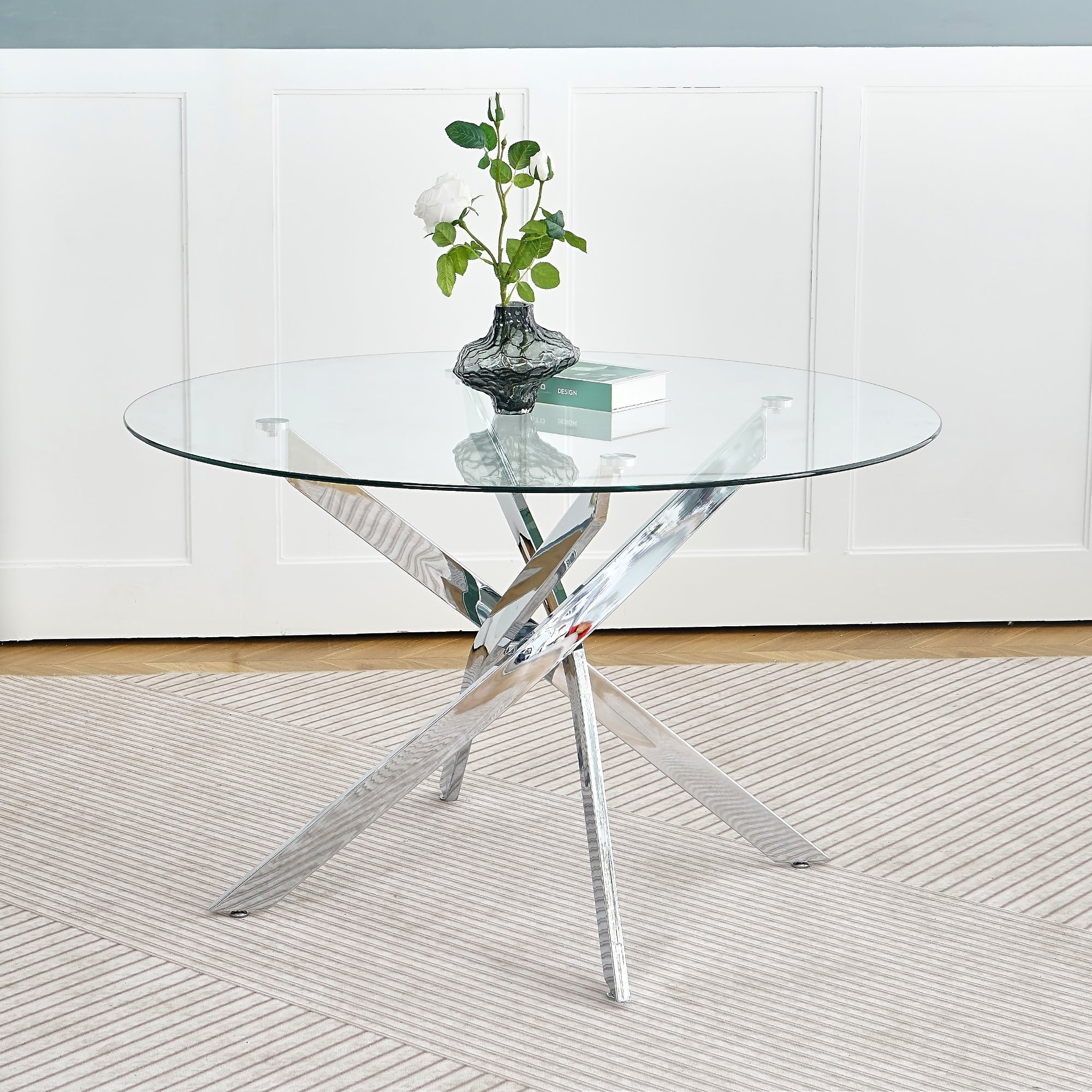 Modern simple glass table, high quality tempered glass metal material, multi-functional office learning table, electroplated square table legs (set of 1)