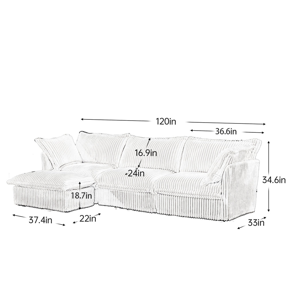 L-Shaped Slipcovered Sectional Sofa Couch, Comfy Deep Seat Cloud Couch with Convertible Ottoman & 2 Big Pillows, Modern Oversized 3 Seater Slipcovered Sofa Set for Living Room Office,Gray Corduroy