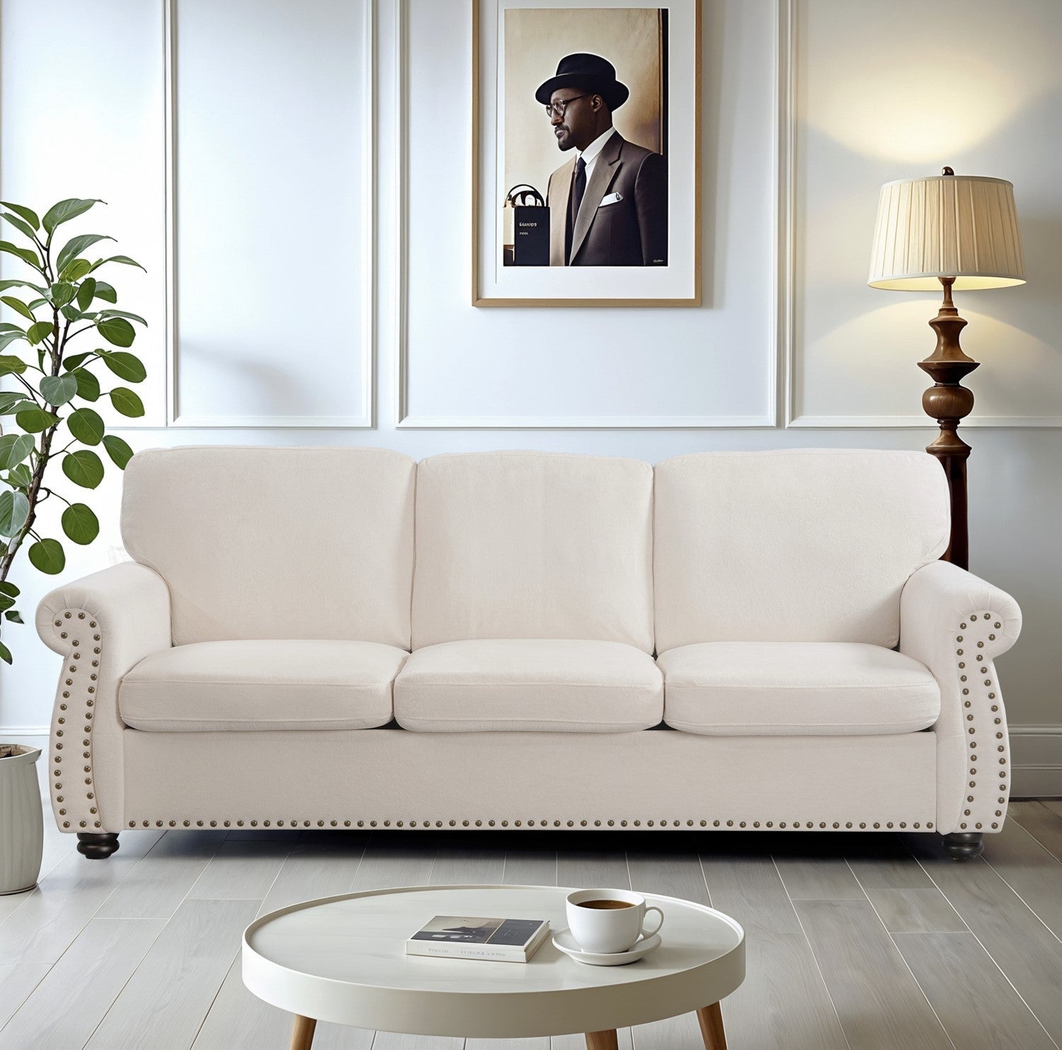 Soft Velvet Sofa, Upholstered 3 Seater Couch with High-Density Foam, Loose Back Cushions and Solid Wood Turned Legs, Chic Living Room Furniture for Home, Apartment and Office, Ivory