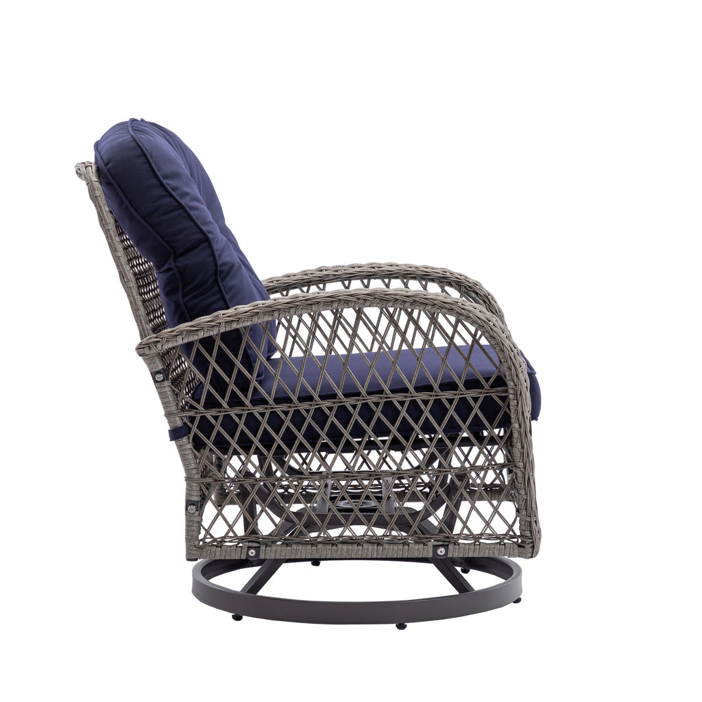 3 Pieces Outdoor Swivel Rocker Patio Chairs, 360 Degree Rocking Patio Conversation Set with Thickened Cushions and Glass Coffee Table for Backyard, Navy blue