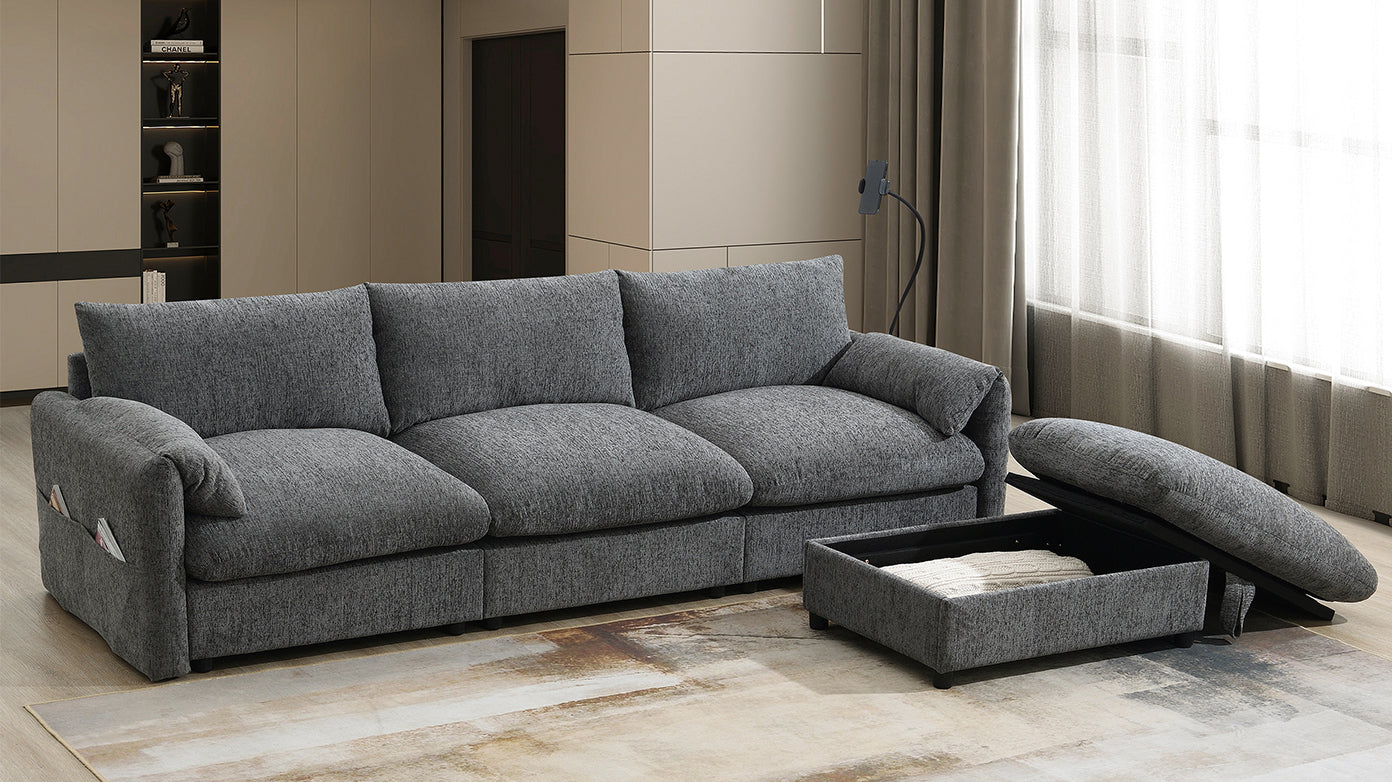 96.5'' Chenille Sectional Sofa with Storage Ottoman and Pockets,Adjustable Phone Holder,Wide Seat,4 Seat L Shaped Couch Set,Comfy Sofa with USB Charger for Living Room,Apartment,3 Colors