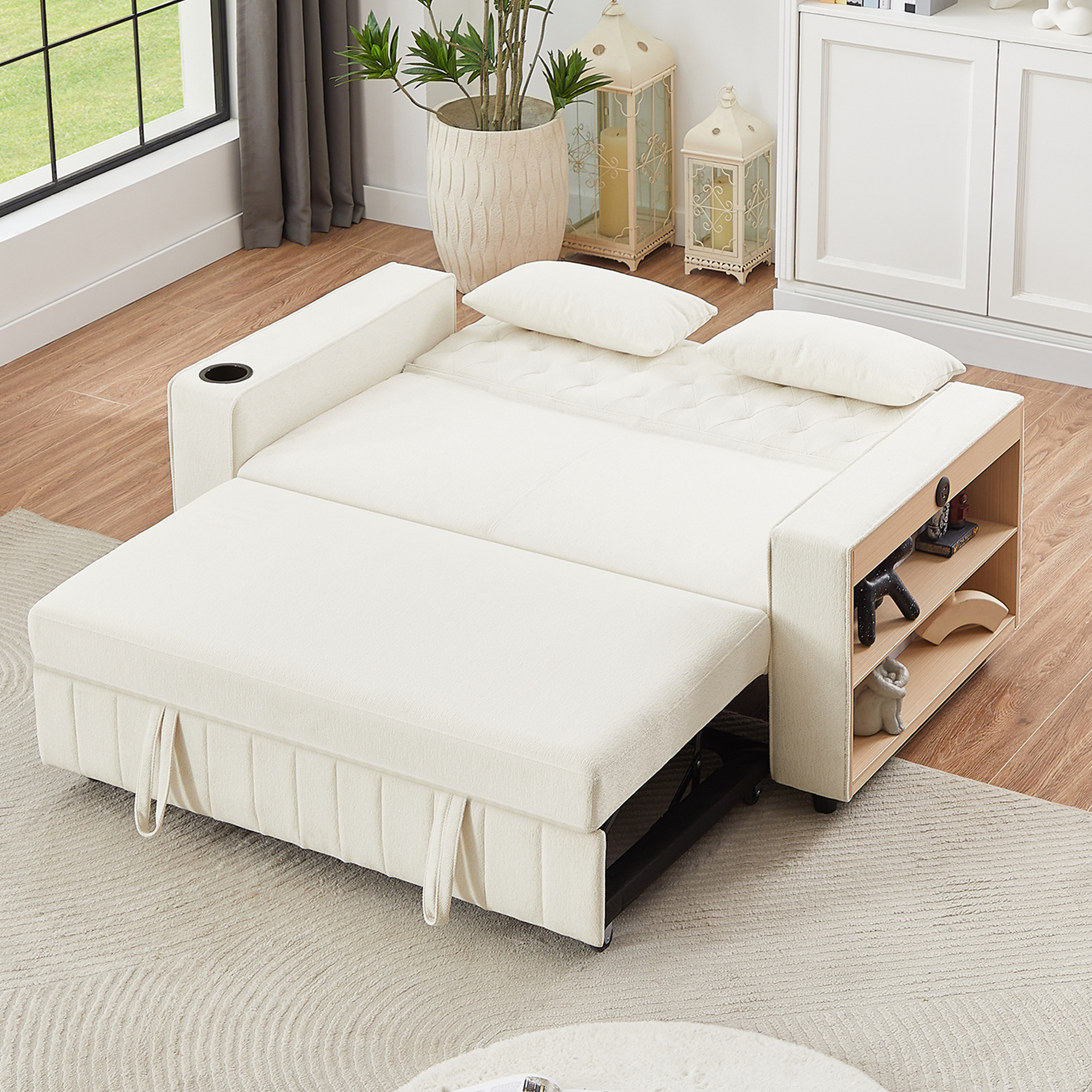 61.4' Pull-out Sofa Bed Convertible Couch Loveseat Sofa Modern Sleeper Sofa with Adjustable Backrest for Living Room, Beige