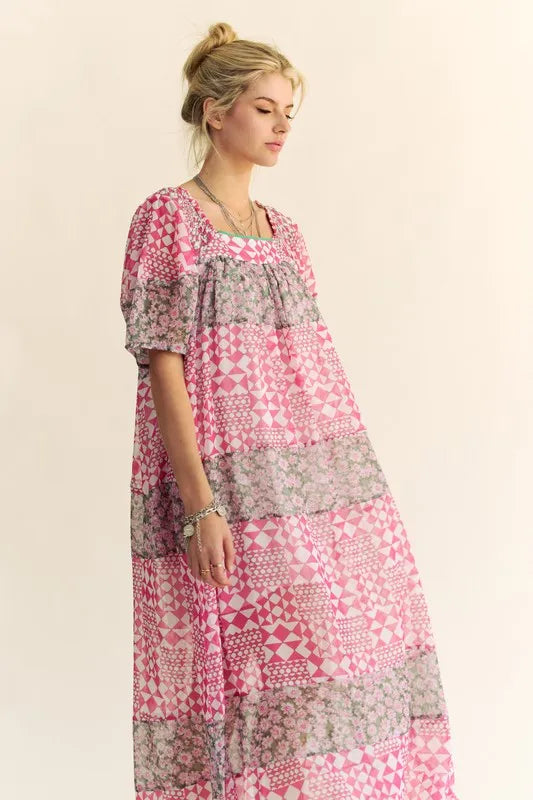 Davi & Dani Multi Floral Square Neck Puff Sleeve Maxi Dress