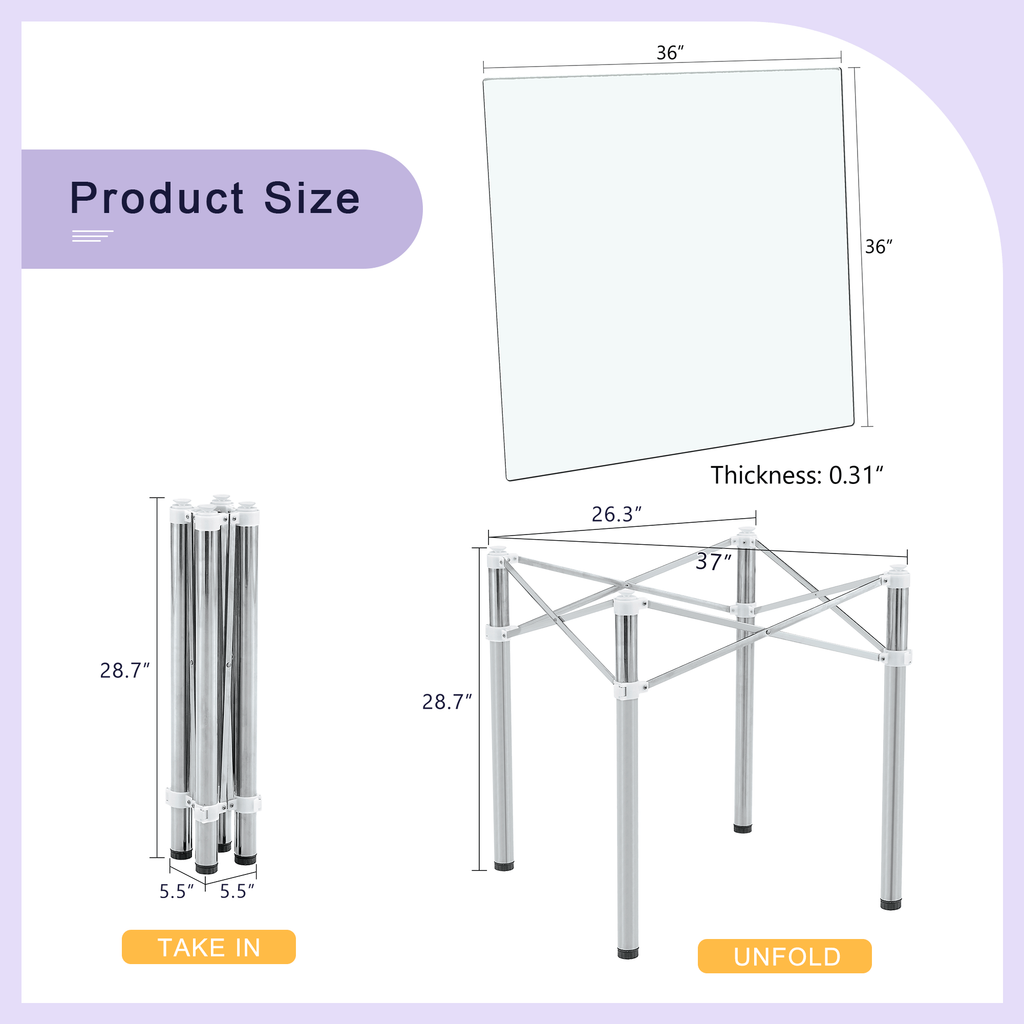 Elegant Expandable Square Glass Table - 36' Clear Tempered Glass, Silver Metal Legs.Telescopic metal legs, transparent square glass tabletop, suction cup attachment connection.