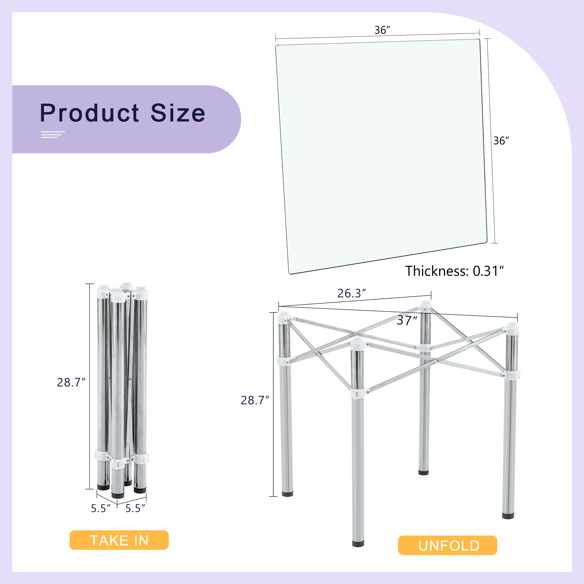 Elegant Expandable Square Glass Table - 36' Clear Tempered Glass, Silver Metal Legs.Telescopic metal legs, transparent square glass tabletop, suction cup attachment connection.
