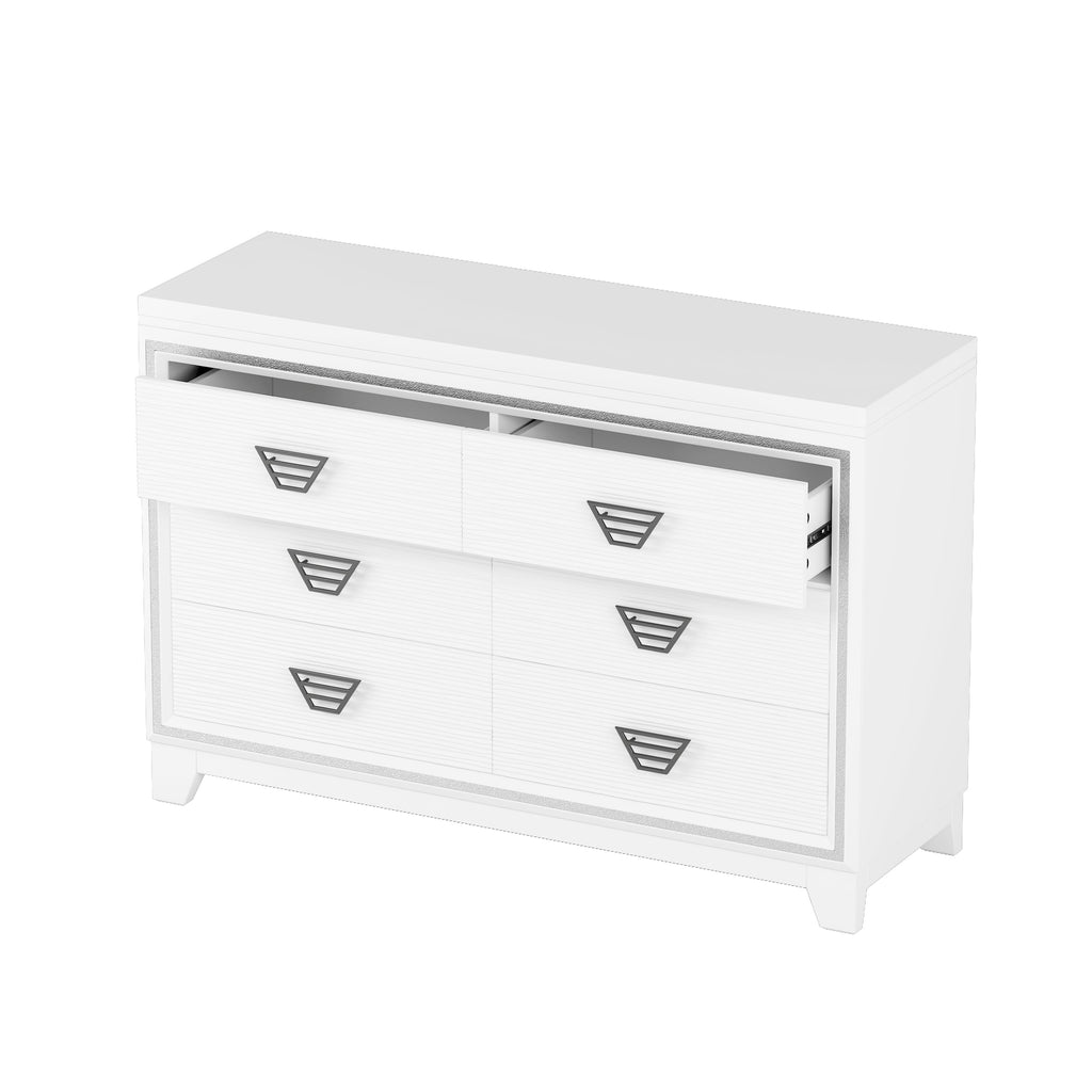 Elegant Dresser with Metal Handle and Sparkling Shiny Decoration, Storage Cabinet with 6 Drawers for Bedroom, Living Room, White