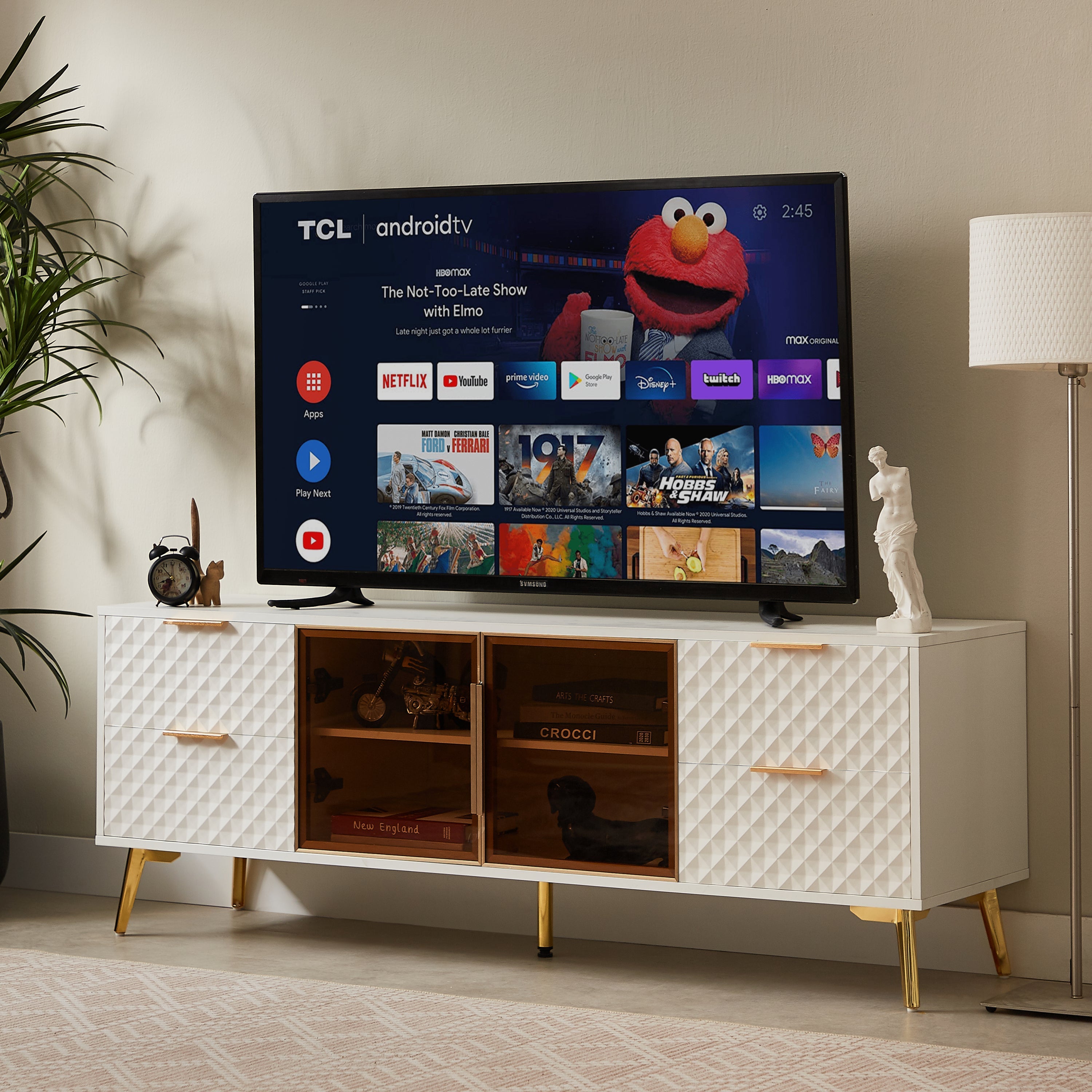 Deluxe Sculpted Modern Fashion Geometric Style TV Stand, Aluminum Frame Tempered Glass Door 4 Drawer Chest with Adjustable Metal Feet ,White,59.9'L x 15.7'W x 21.7'H