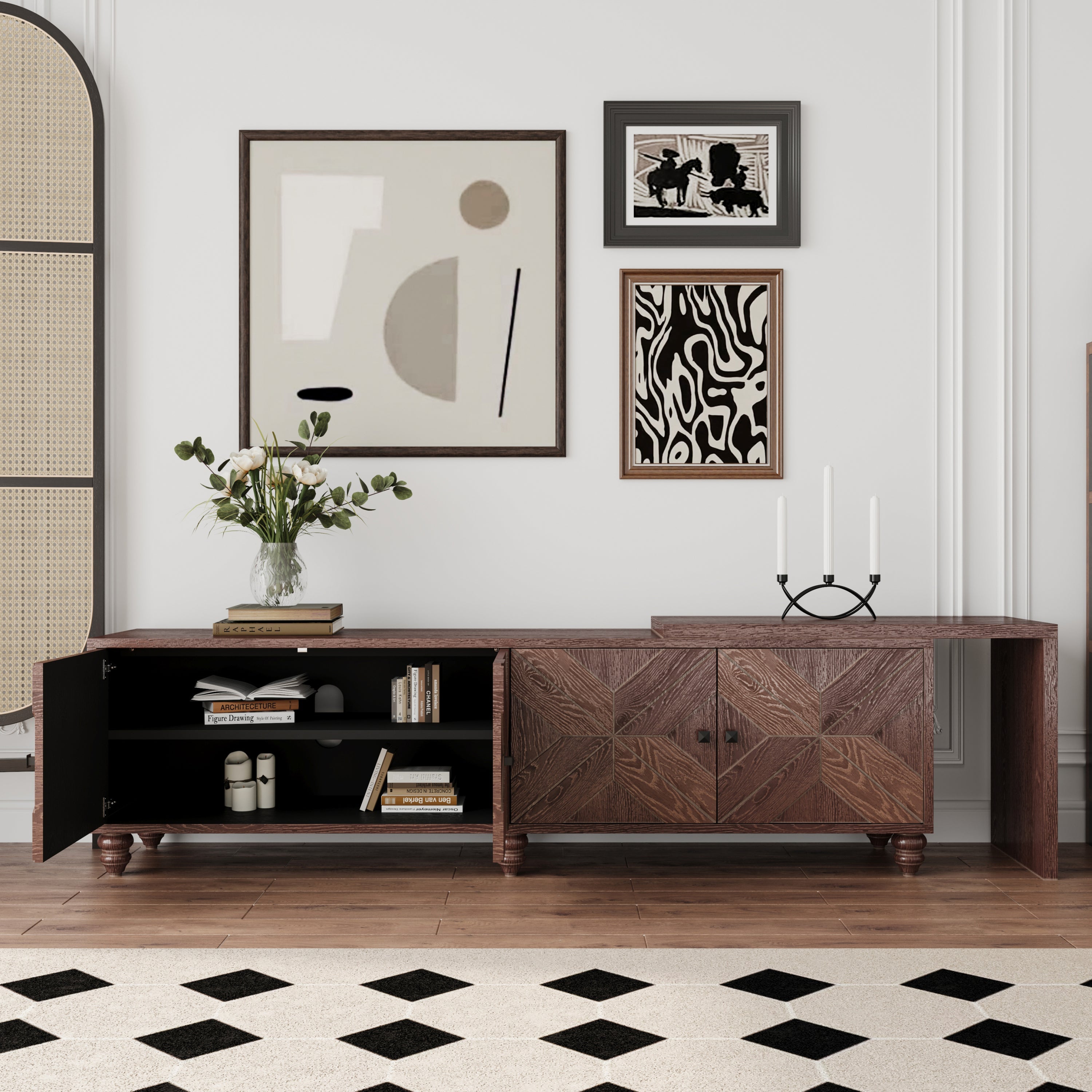 70'-90' Extendable TV Cabinet, Modern Entertainment Center with Storage and Adjustable Shelves, Mid 
Century Lacquered and Real Wood Veneered TV Console for Living Room, Hallway, Entryway, Walnut