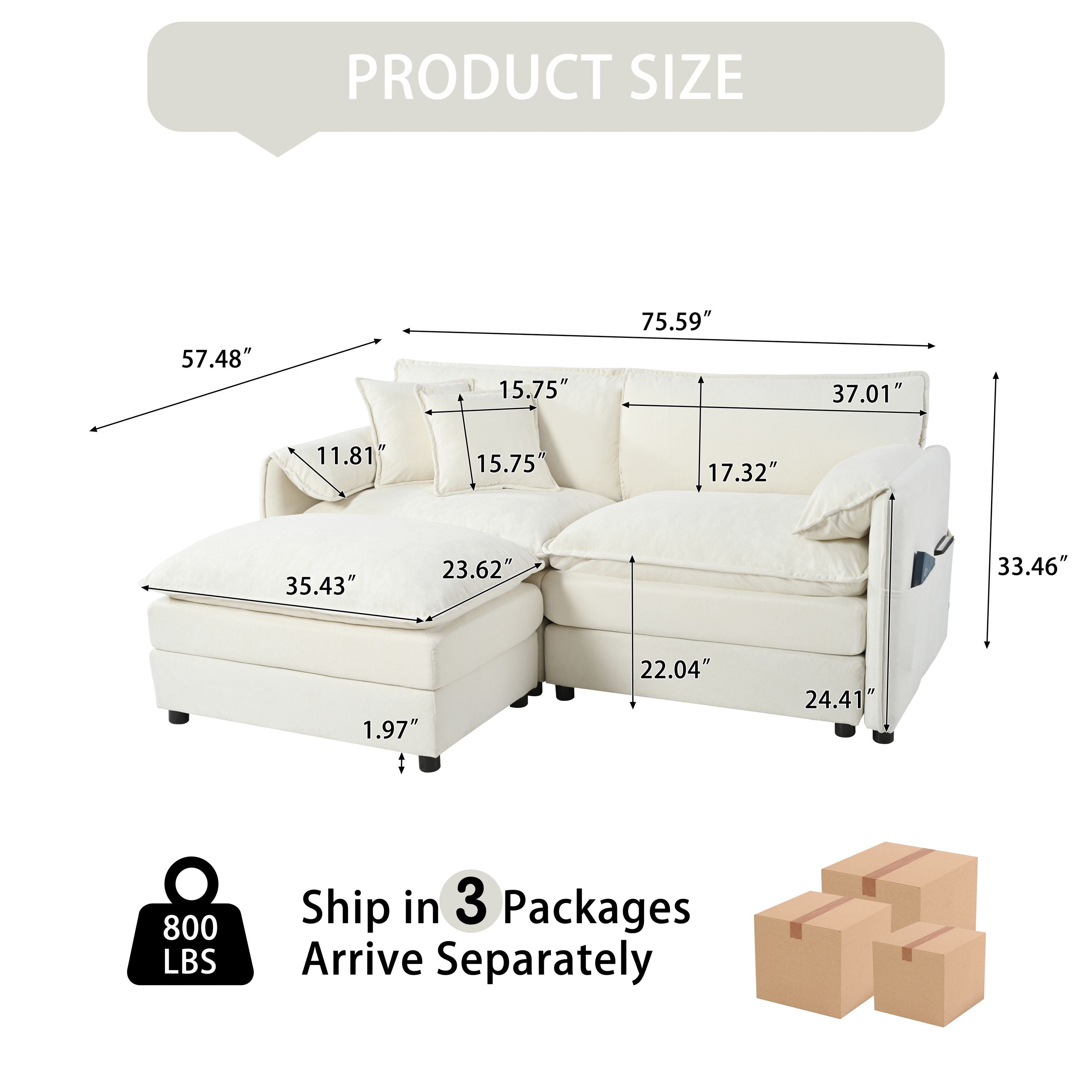 Deep Seat Sectional Sofa Cloud Couch with Ottoman,  Modern Chenille Comfy Love Seat Upholstered Modular L Shaped Couch for Living Room, Apartment, Office,DIY Combination,Beige