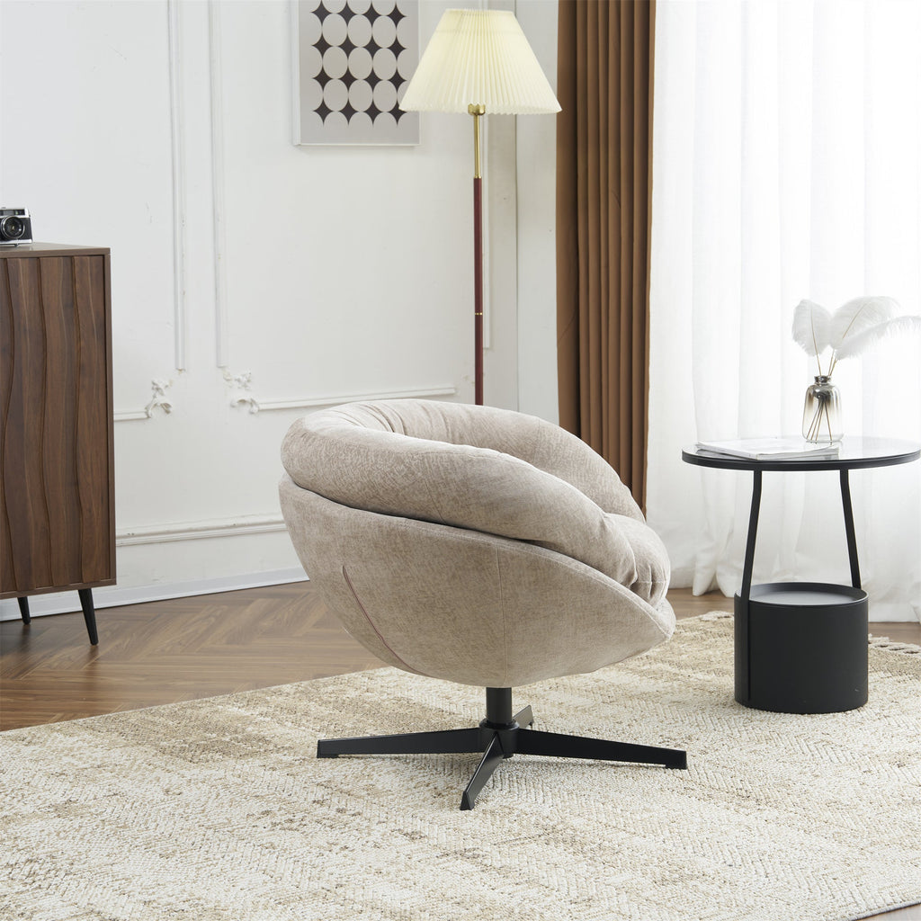 Modern Chenille Office Chair, 360° Swivel Club Chair/Accent Chair with Removable Cushion, Round Office Chair, Black Metal Base, Cotton Material, Living Room, Bedroom, Reading Corner, Office (Brown)