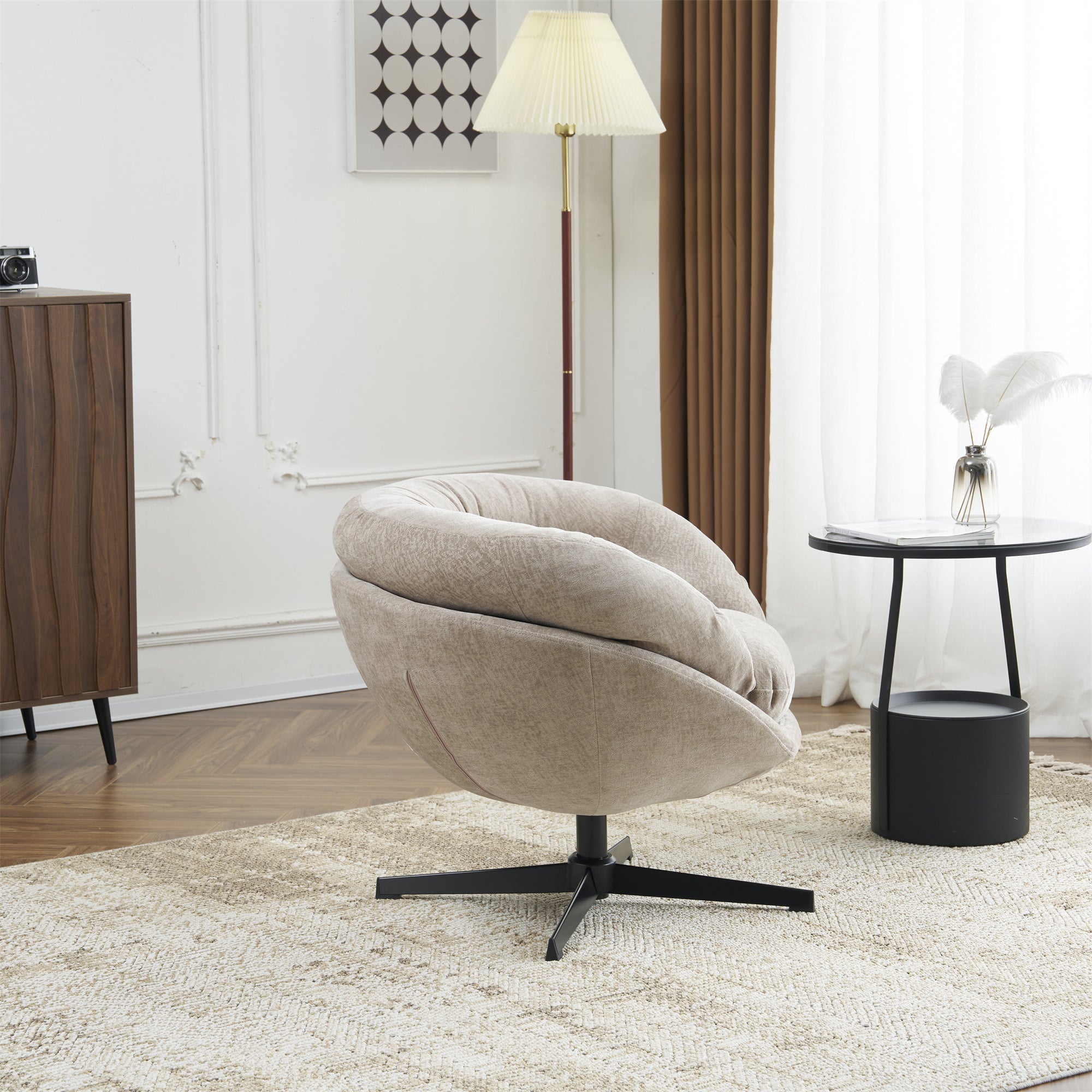 Modern Chenille Office Chair, 360° Swivel Club Chair/Accent Chair with Removable Cushion, Round Office Chair, Black Metal Base, Cotton Material, Living Room, Bedroom, Reading Corner, Office (Brown)