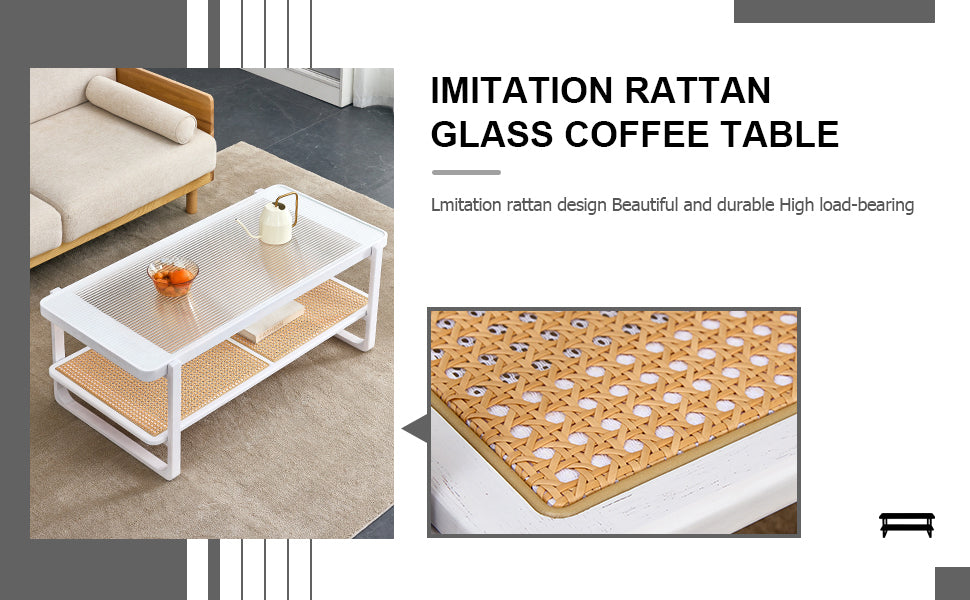 Modern minimalist white double layered solid wood coffee table. Glass tabletop, imitation rattan  edge table. Rectangular table suitable for living room, dining room, and bedroom