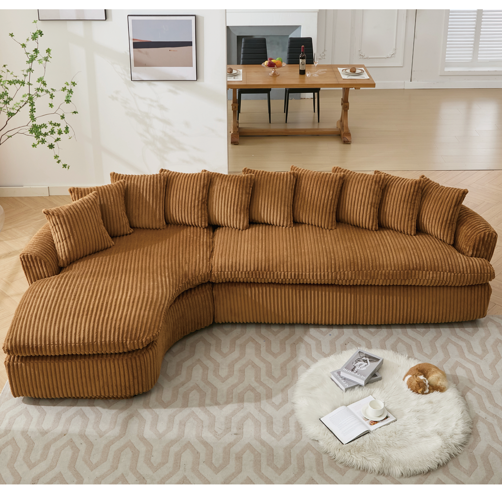 127''  Large Sectional Sofa ,Elegant Curved Design ,High-Resilience Foam ,Ten Back Cushions,L-Shape Left Sofa,No Assembly  Required , (Brown-Soft Corduroy Fabric)