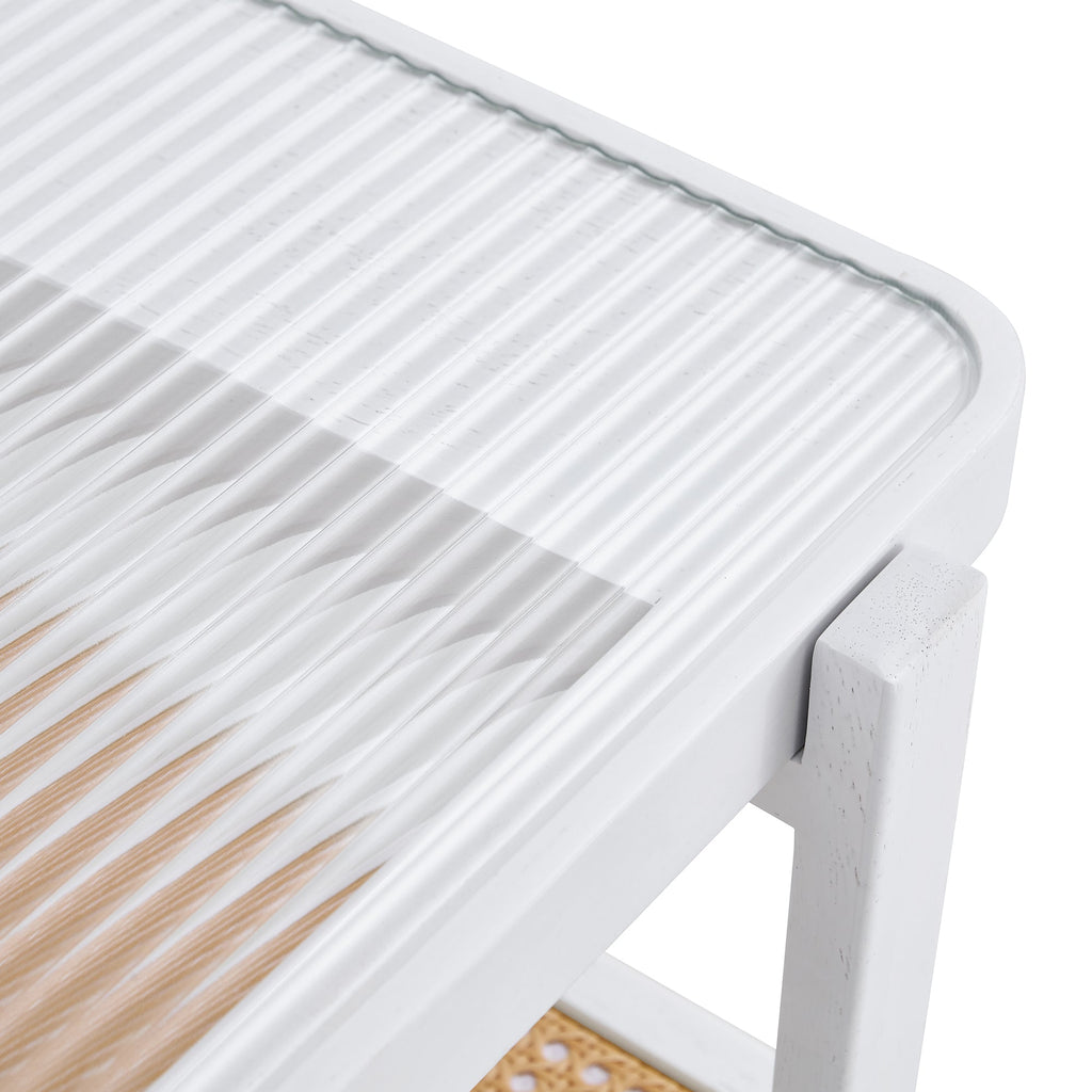 Modern minimalist white double layered solid wood coffee table. Glass tabletop, imitation rattan  edge table. Rectangular table suitable for living room, dining room, and bedroom
