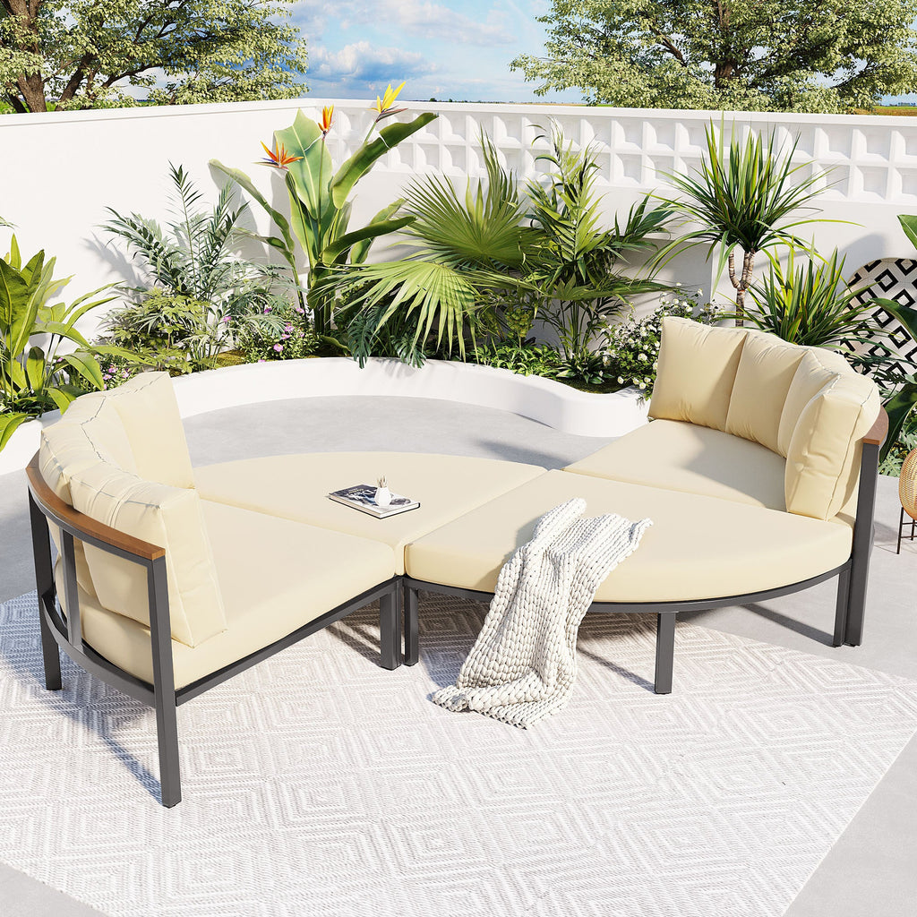 U-style Patio Furniture Set, 4 Piece Round Outdoor Conversation Set All Weather Metal Sectional Sofa with Cushions