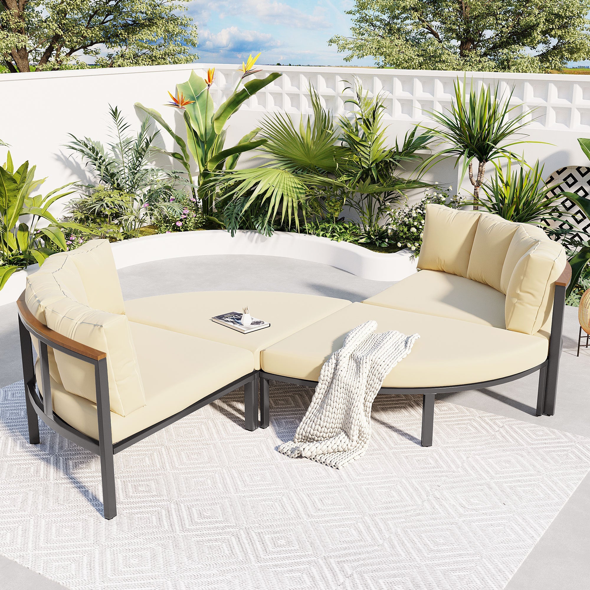 U-style Patio Furniture Set, 4 Piece Round Outdoor Conversation Set All Weather Metal Sectional Sofa with Cushions