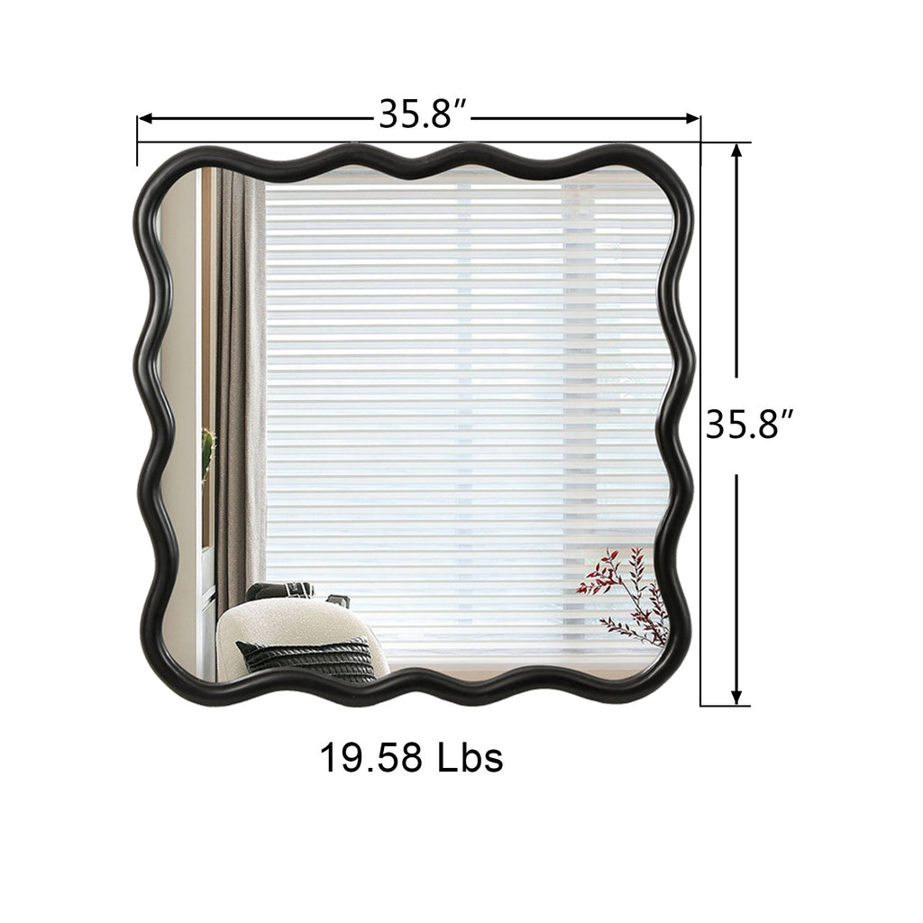 Solid Wood Wavy Square Mirror-Black 36' x 36' Modern Mirror Wall Decor for Bathroom, Bedroom, Living Room, Dining Room, Cloakroom, Entryway