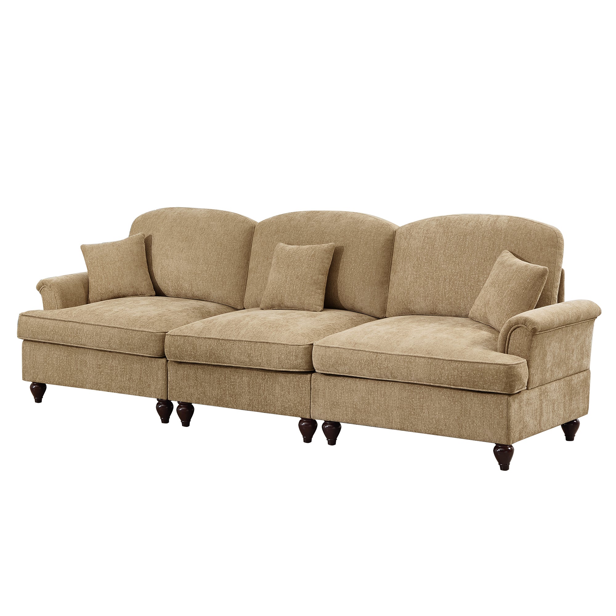 Elegant Mid Century Large 3 Seater Sofa Couch with Flared Arms and Removable Ruffles Pleats Skirts and Spindle Legs, Comfy Chenille Three-Seat Sofa for Living Room, Light Coffee