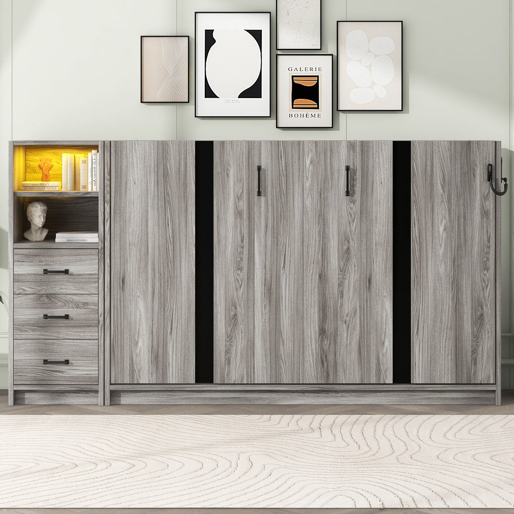 Twin Size Murphy Bed with Drawers and LED Light, can be Folded into a Cabinet, Gray
