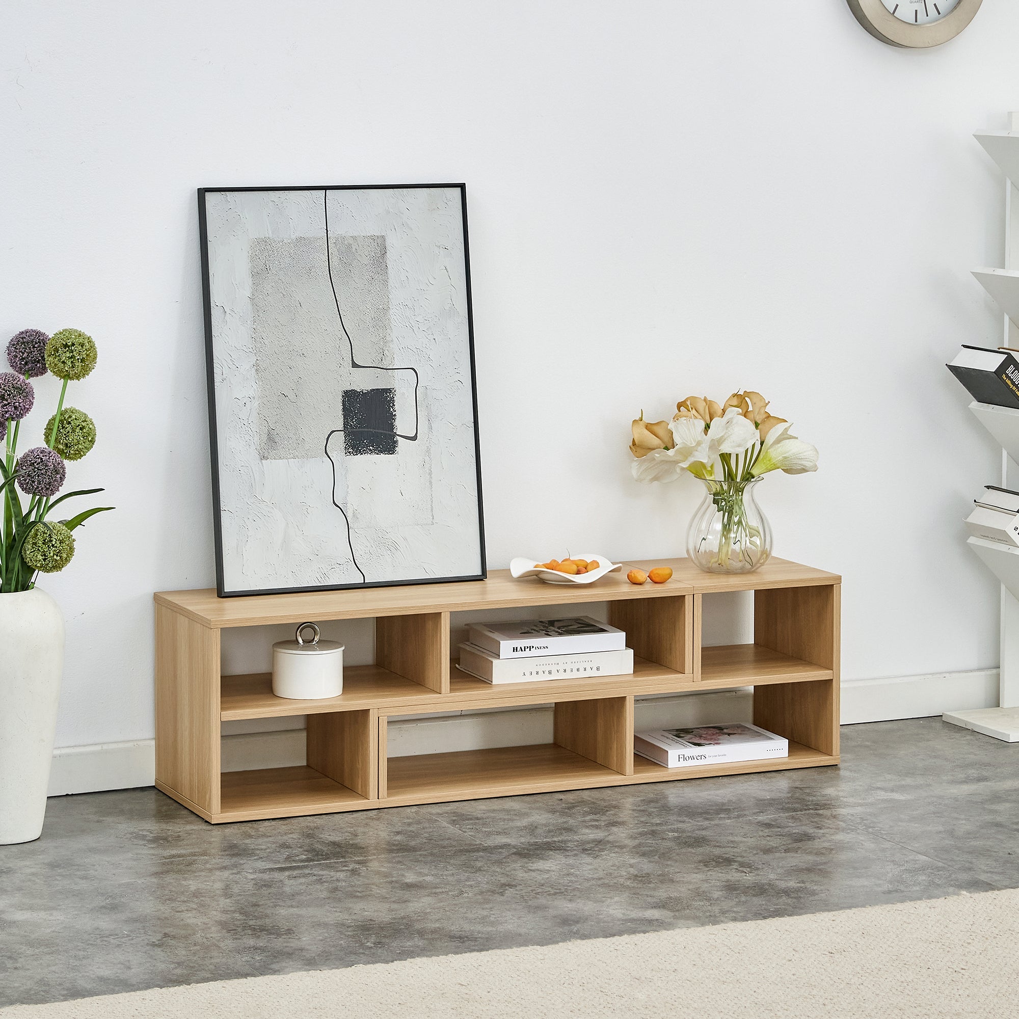2-Piece Cube TV Stand and L-Shaped Entertainment Center with Open Storage and 2 Shelves – Burly Wood MDF