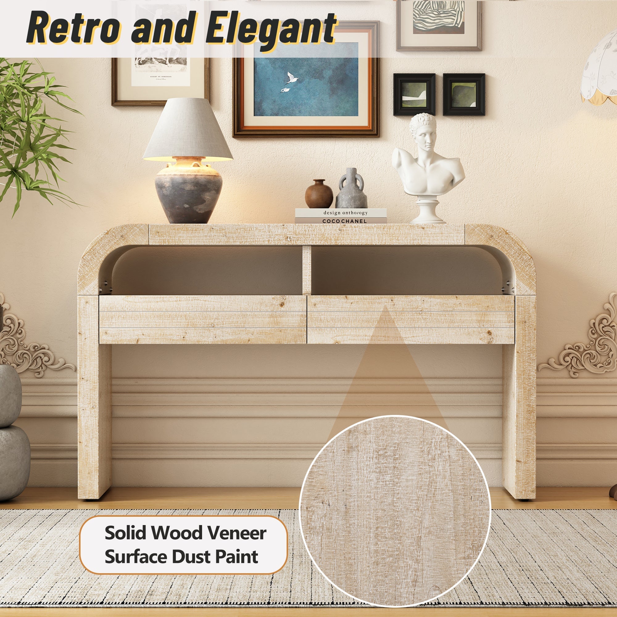TREXM Console Table Entryway Table, Retro Curved Sofa Table with 2 Large Drawers, Narrow Console Table for Living Room Hallway Entrance, 52''×14''×31.5'', Natural Wood Wash