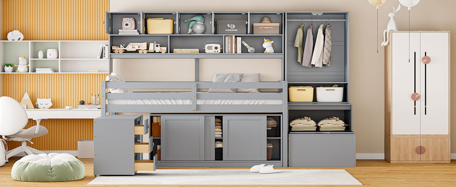 Twin Size Wooden Loft Bed Big Storage with Under-bed Desk, with Drawers, with Shelves, Gray