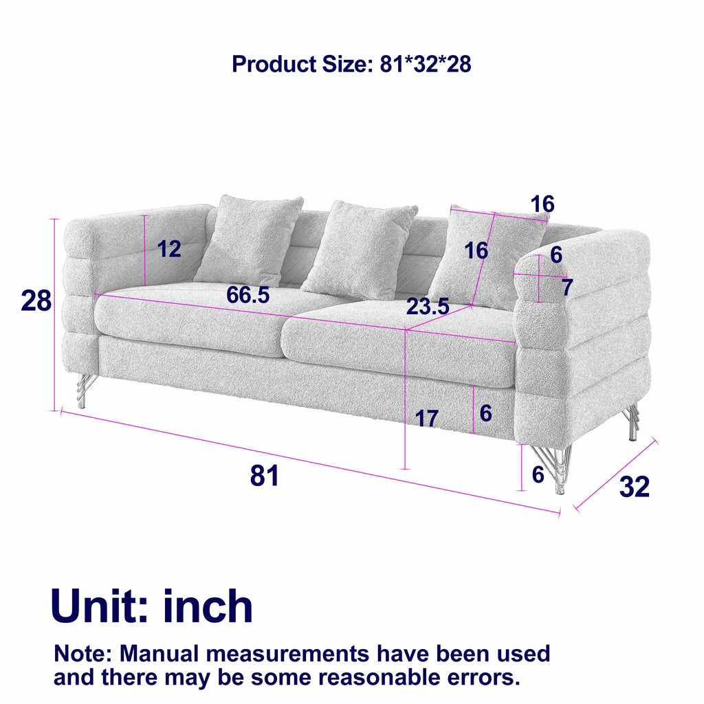 81 Inch Oversized 3 Seater Sectional Sofa, Living Room Comfort Fabric Sectional Sofa - Deep Seating Sectional Sofa, Soft Sitting with 3 Pillows for Living Room,Bedroom,White teddy(Ivory)(W834S00036)